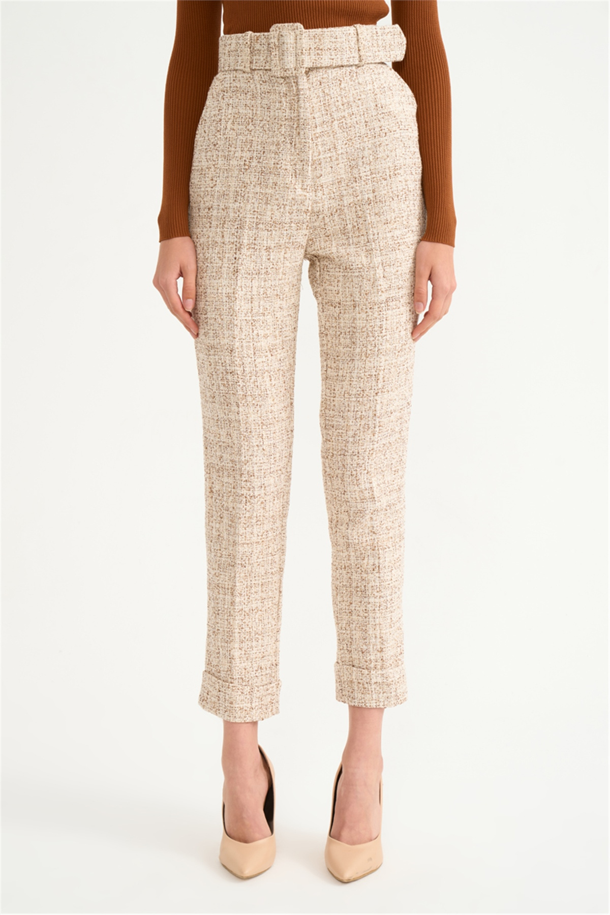 Yüksek bel kemerli pantolon - KAHVE