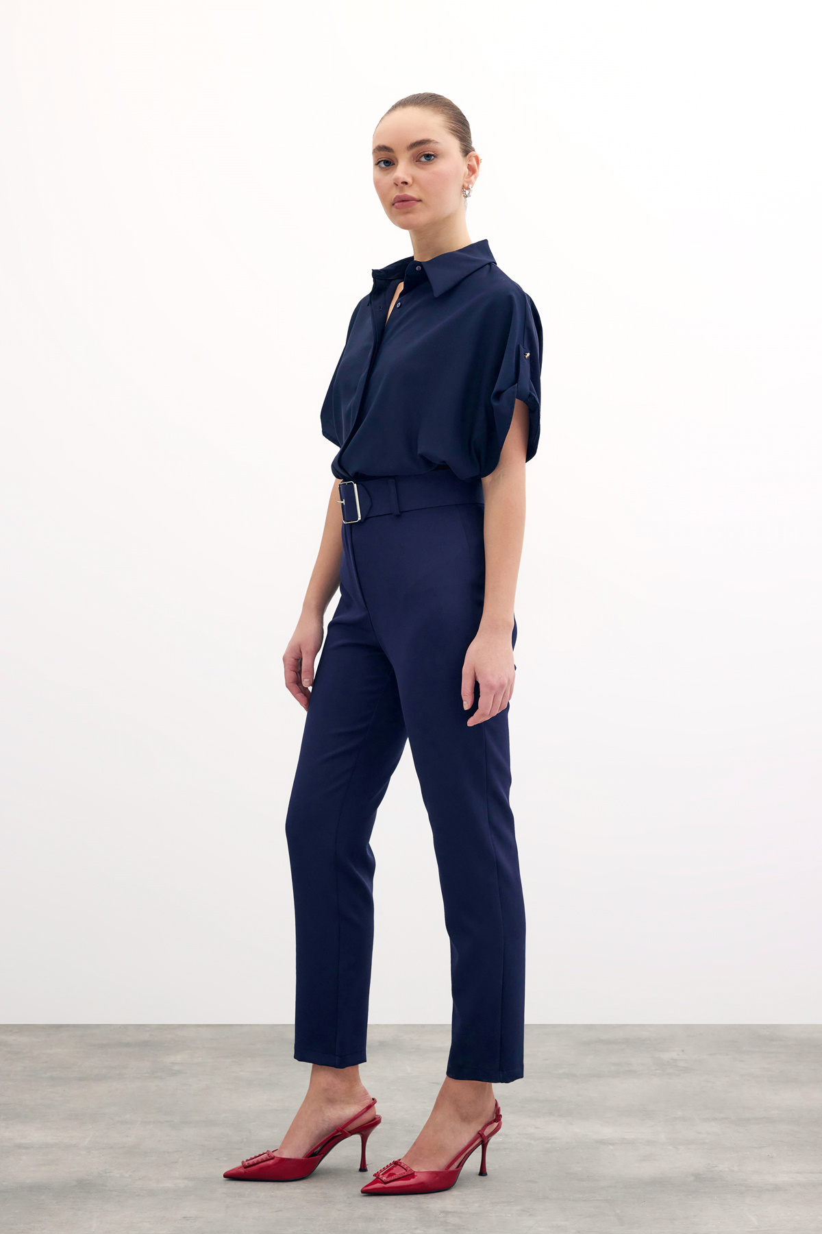 High Waist Belted Trousers - Blue