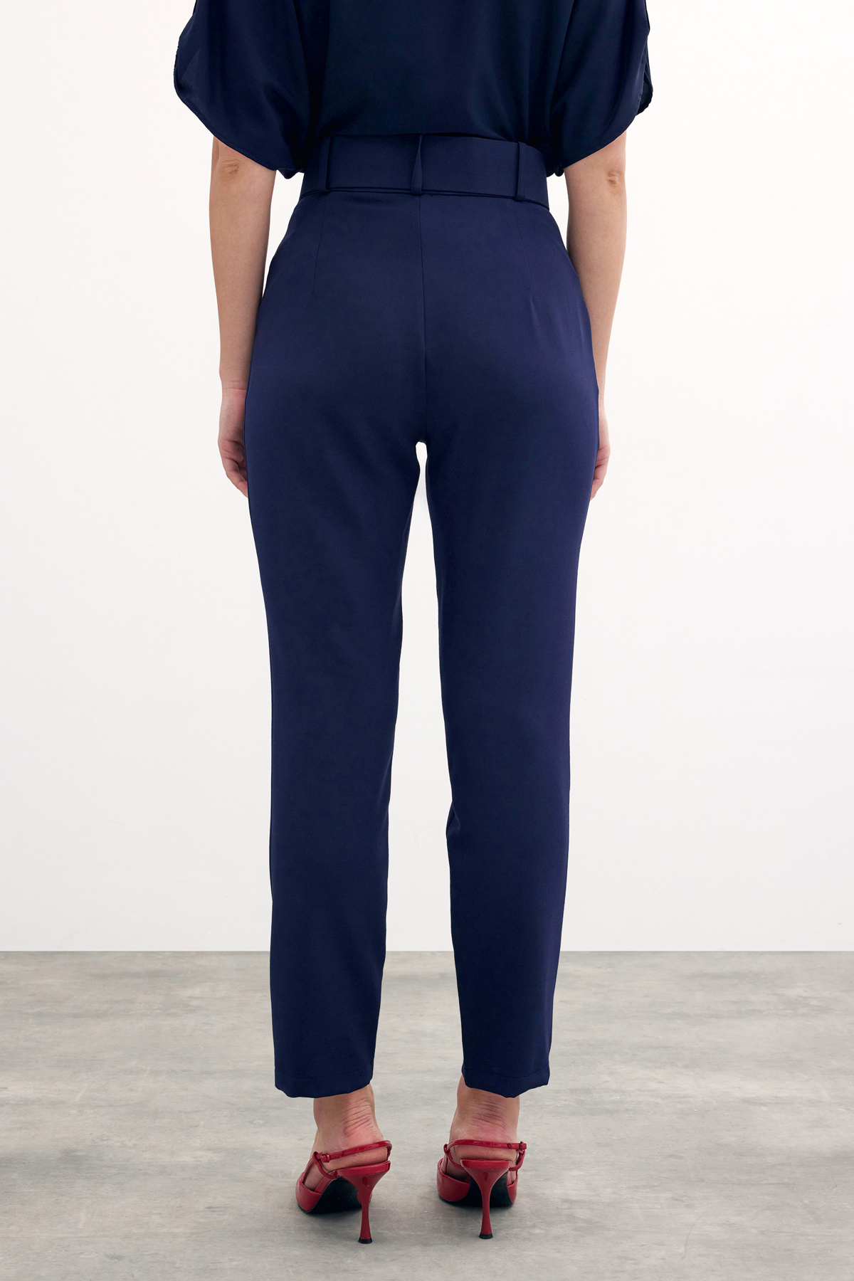 High Waist Belted Trousers - Blue