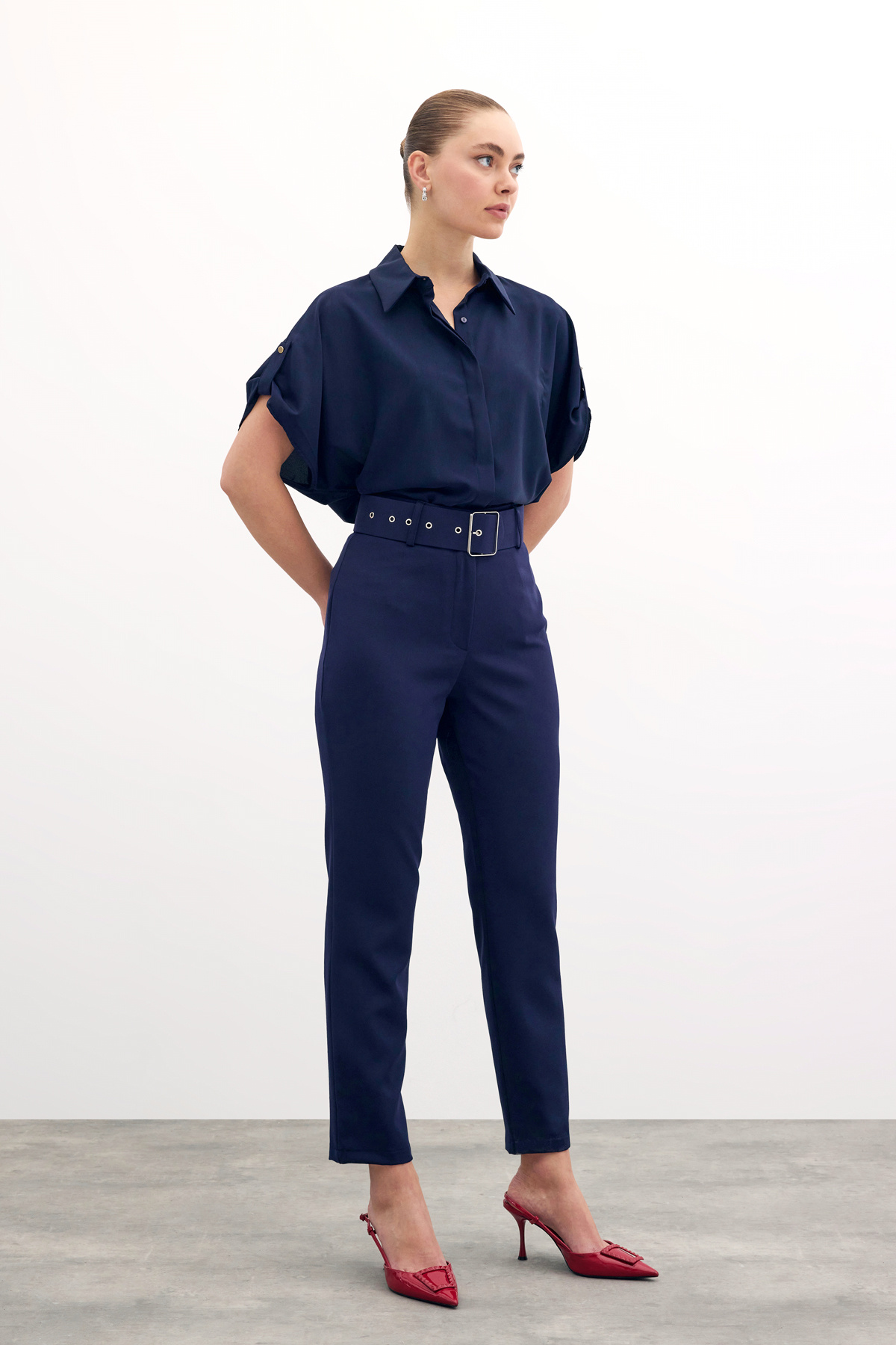 High Waist Belted Trousers - Blue