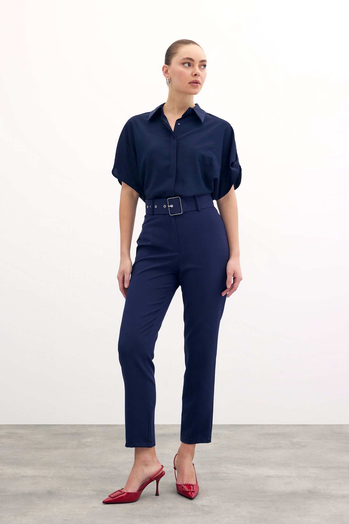 High Waist Belted Trousers - Blue