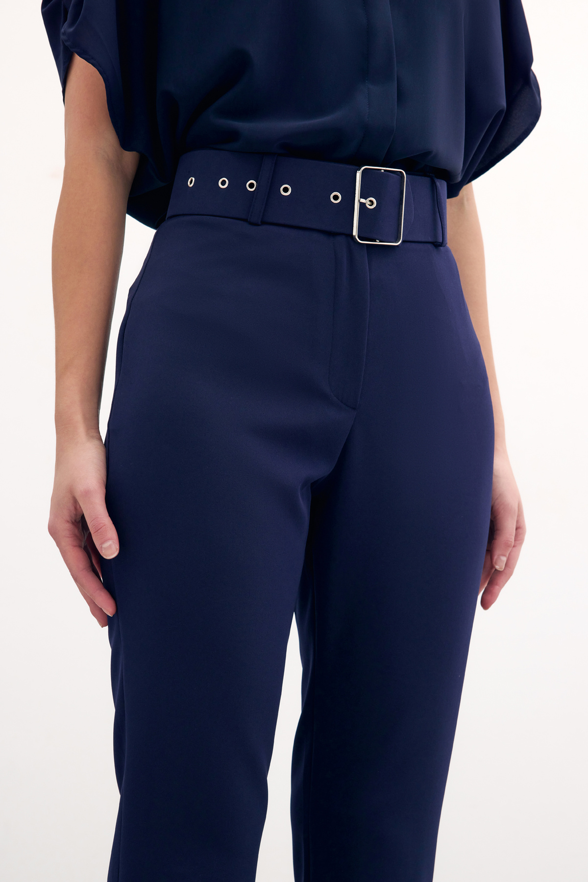High Waist Belted Trousers - Blue