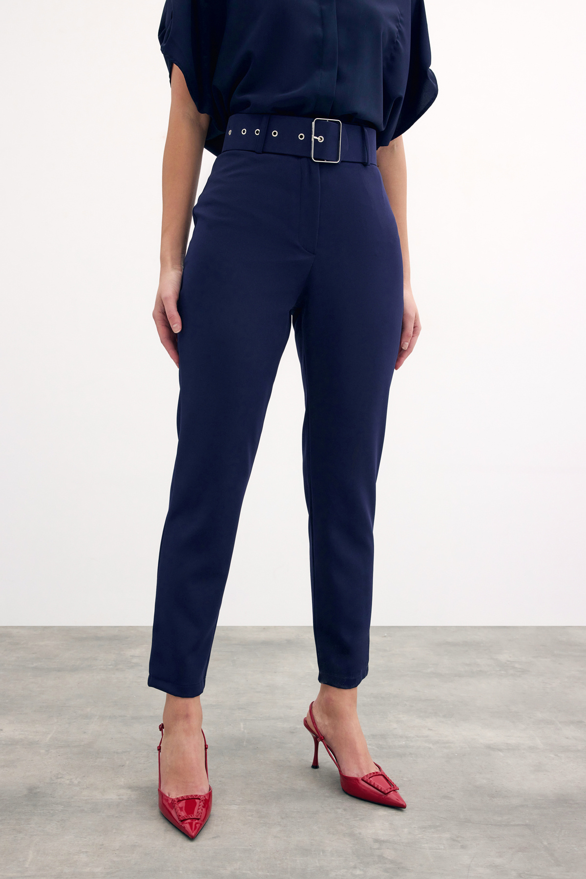 High Waist Belted Trousers - Blue