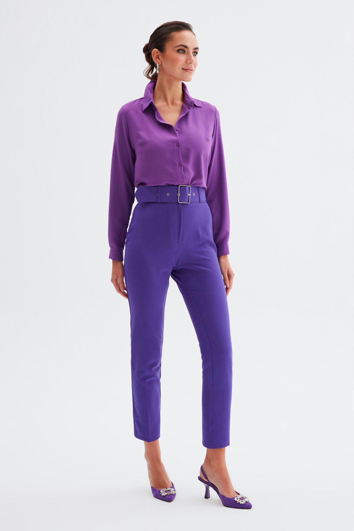 Yüksek Bel Kemerli Pantolon - MOR
