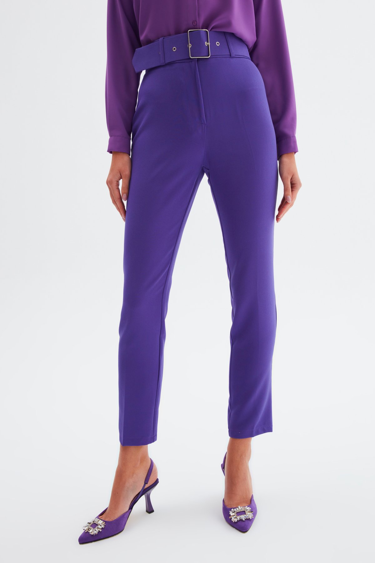 Yüksek Bel Kemerli Pantolon - MOR