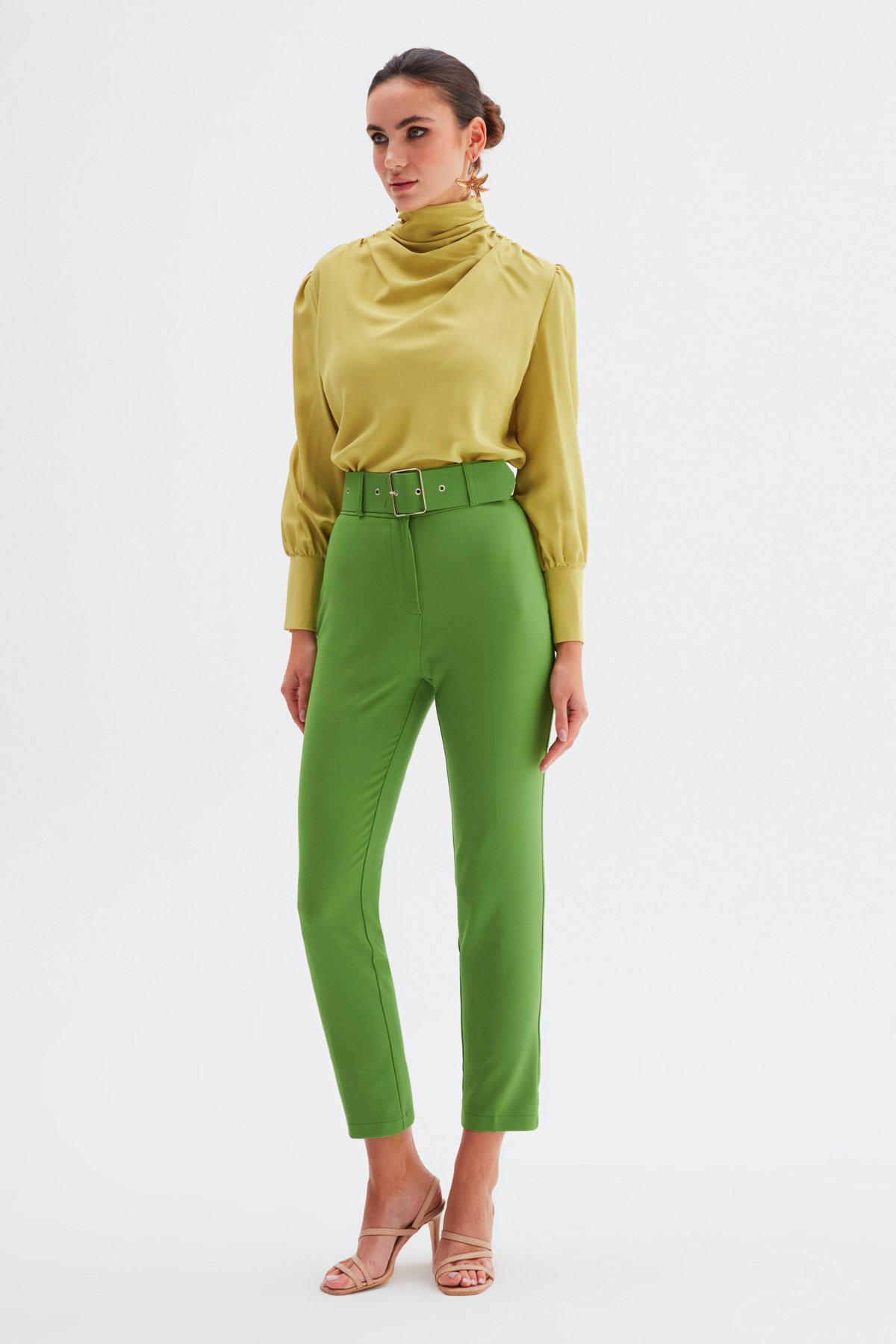 Yüksek Bel Kemerli Pantolon - YEŞİL