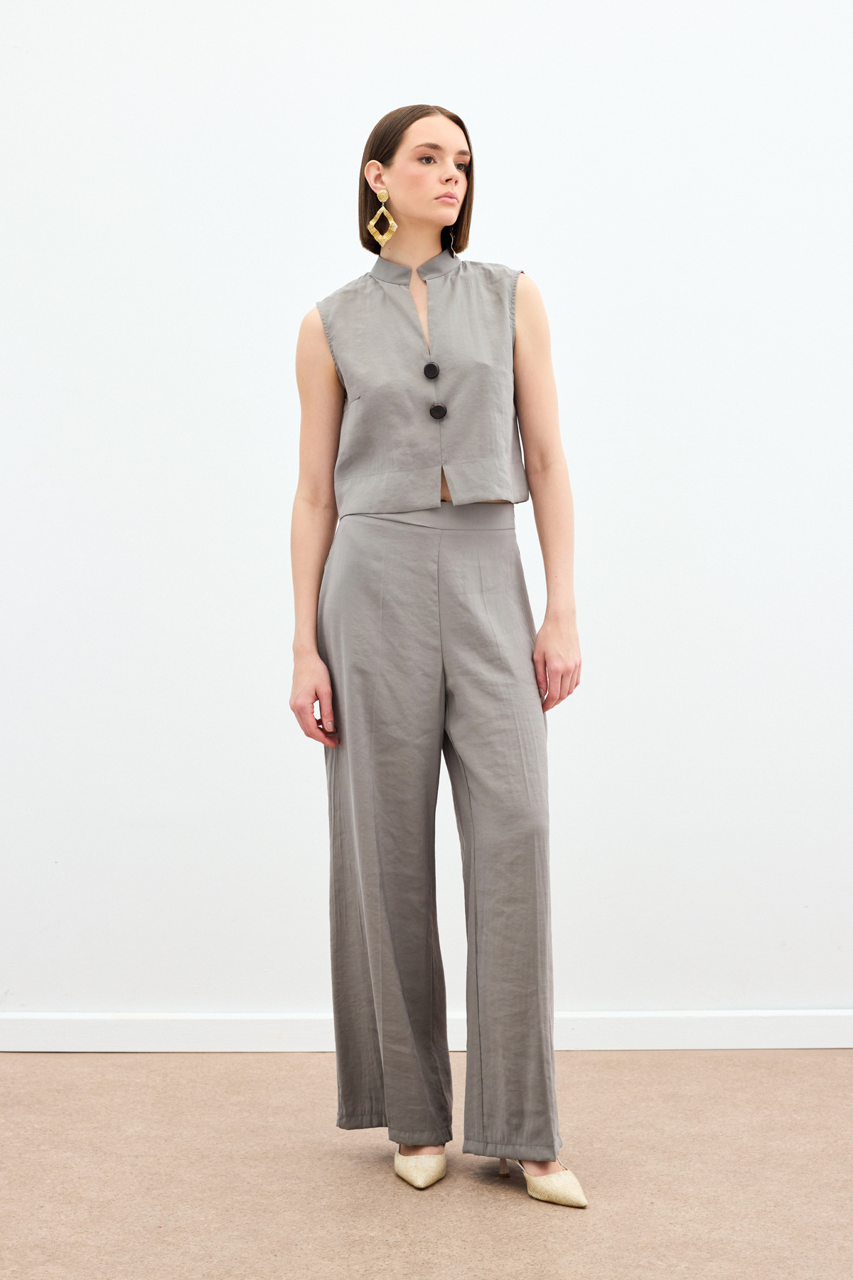 Yüksek Bel Keten Pantolon - Haki