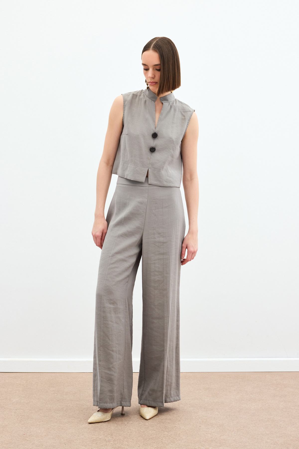 Yüksek Bel Keten Pantolon - Haki