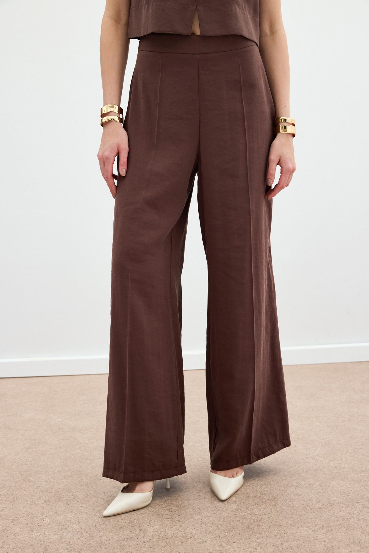 Yüksek Bel Keten Pantolon - Kahve