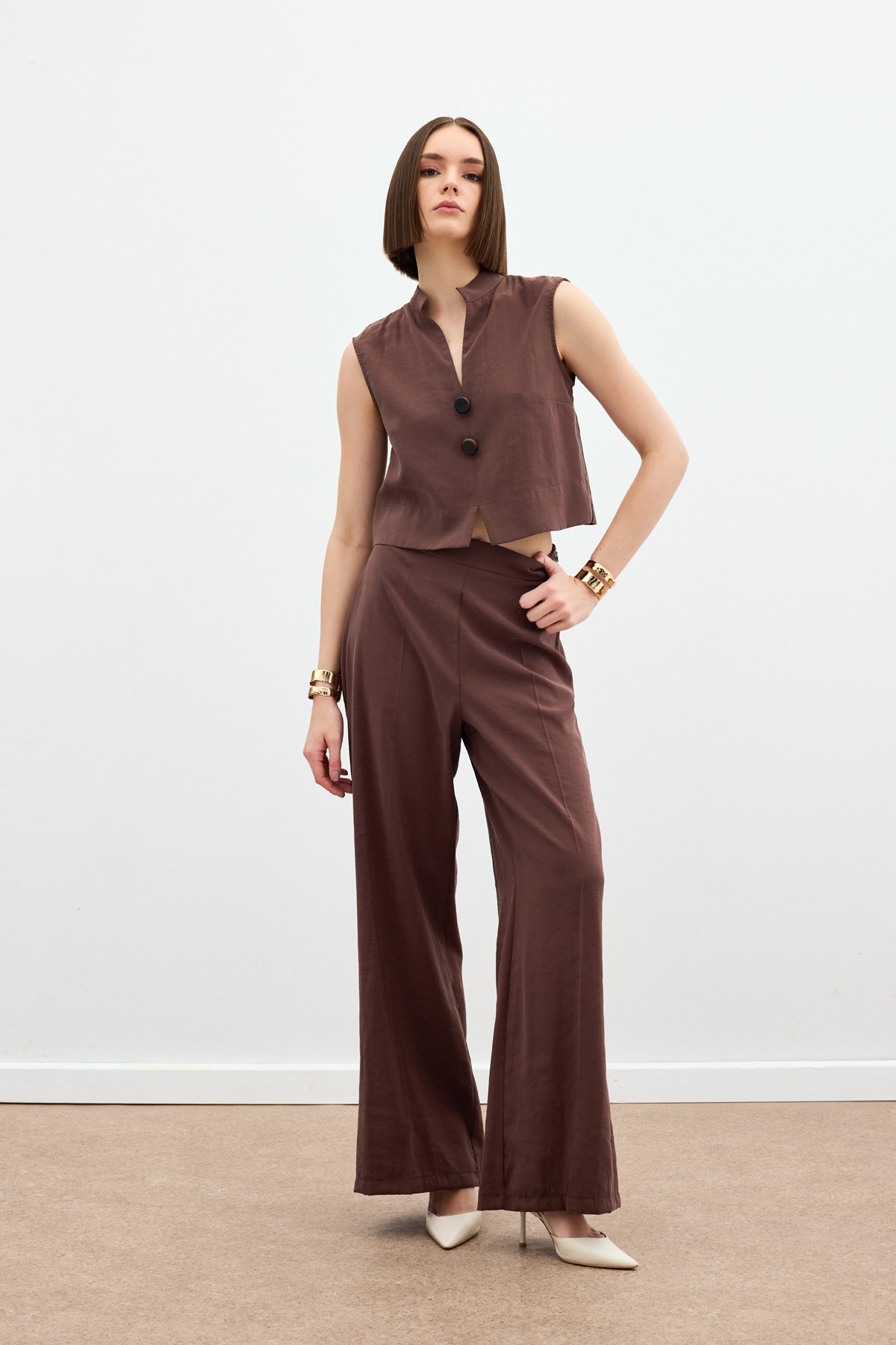 Yüksek Bel Keten Pantolon - Kahve