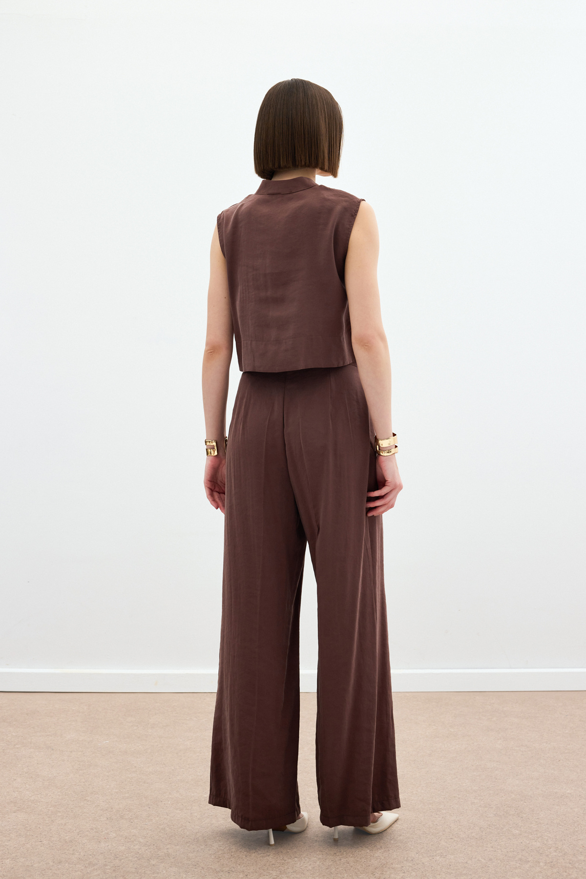 Yüksek Bel Keten Pantolon - Kahve