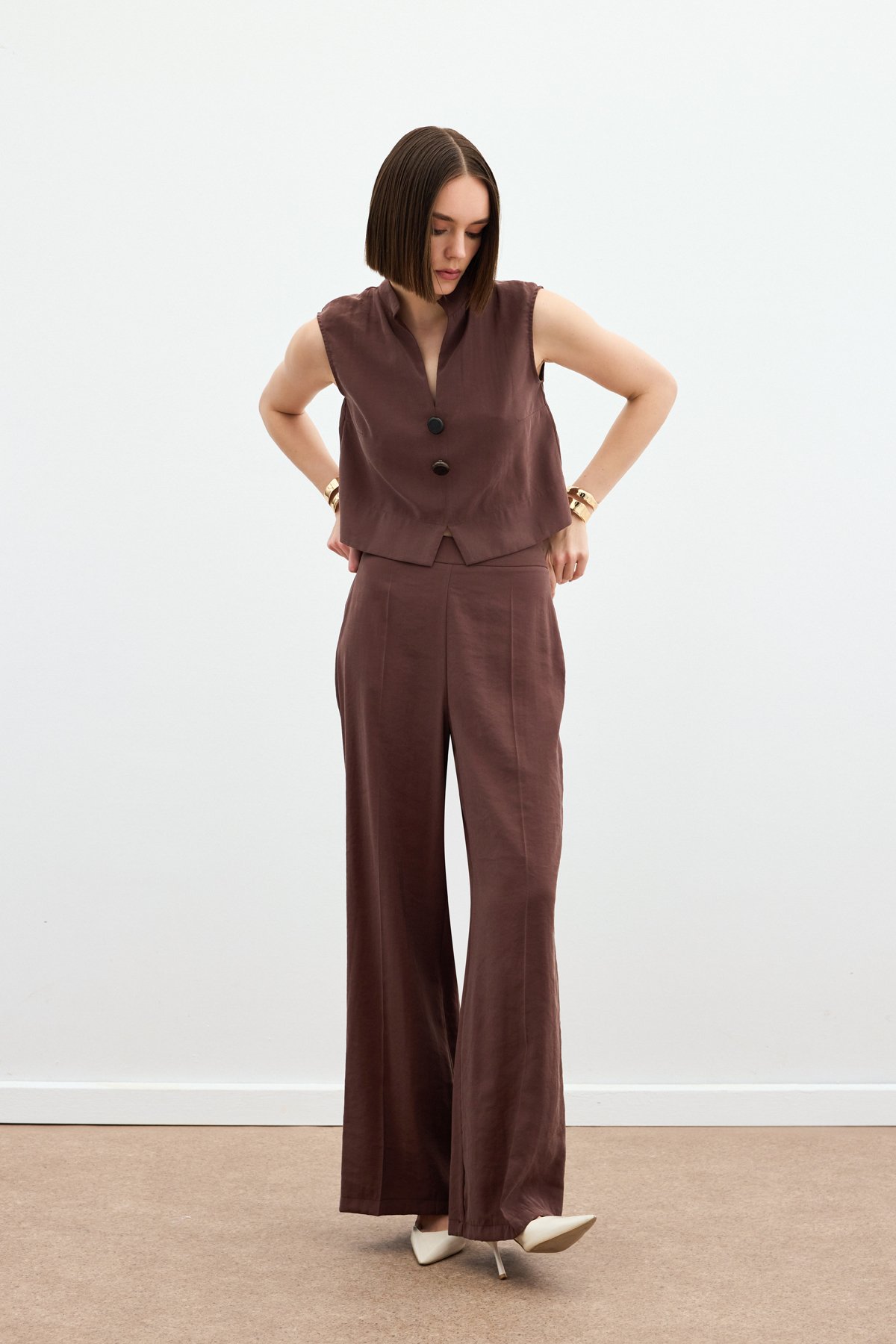 Yüksek Bel Keten Pantolon - Kahve