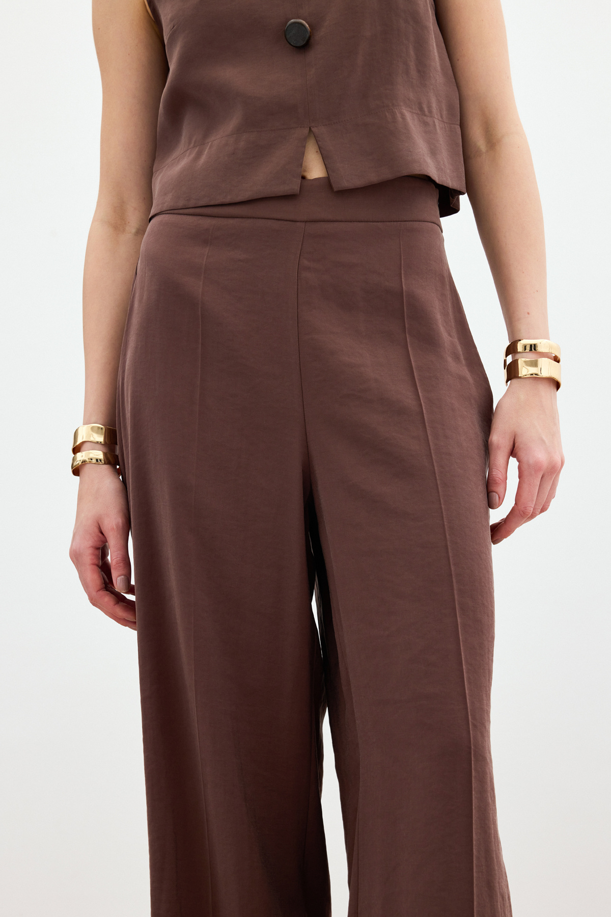 Yüksek Bel Keten Pantolon - Kahve