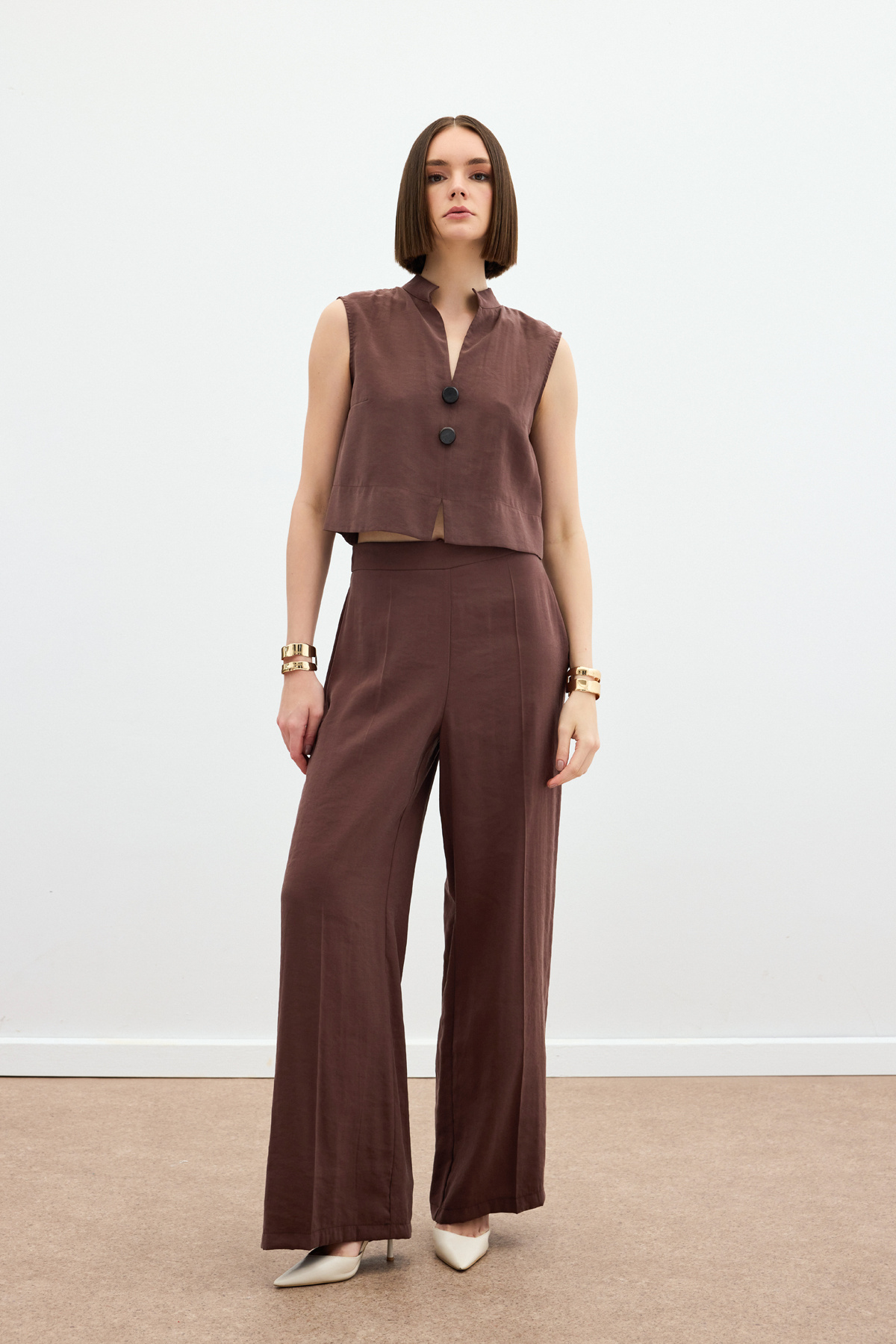 Yüksek Bel Keten Pantolon - Kahve