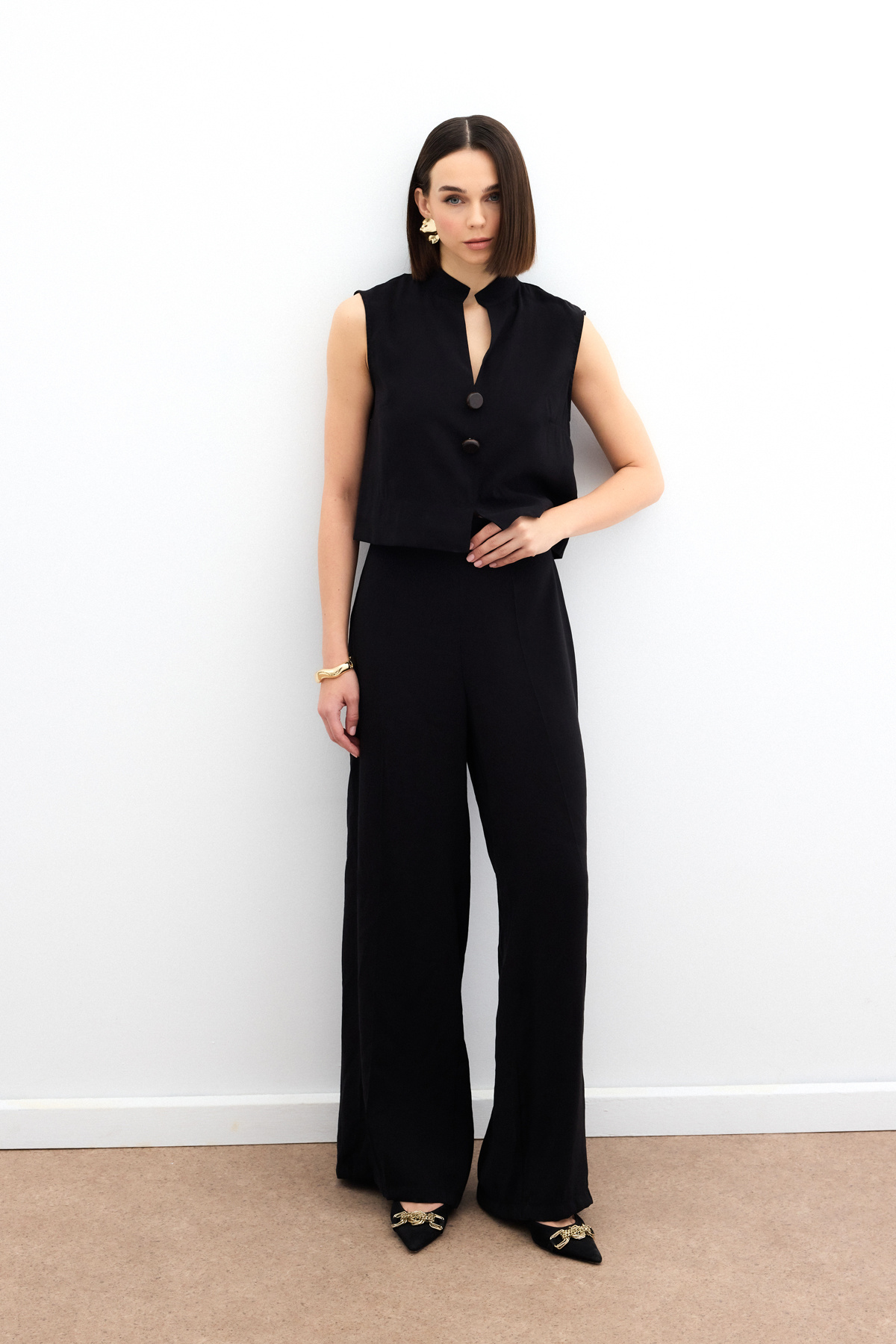 Yüksek Bel Keten Pantolon - Siyah