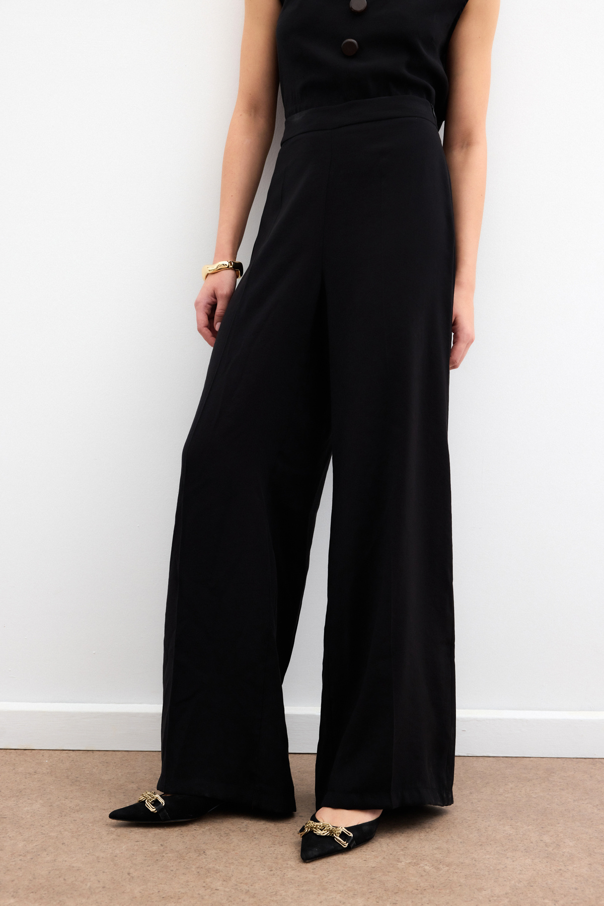 Yüksek Bel Keten Pantolon - Siyah