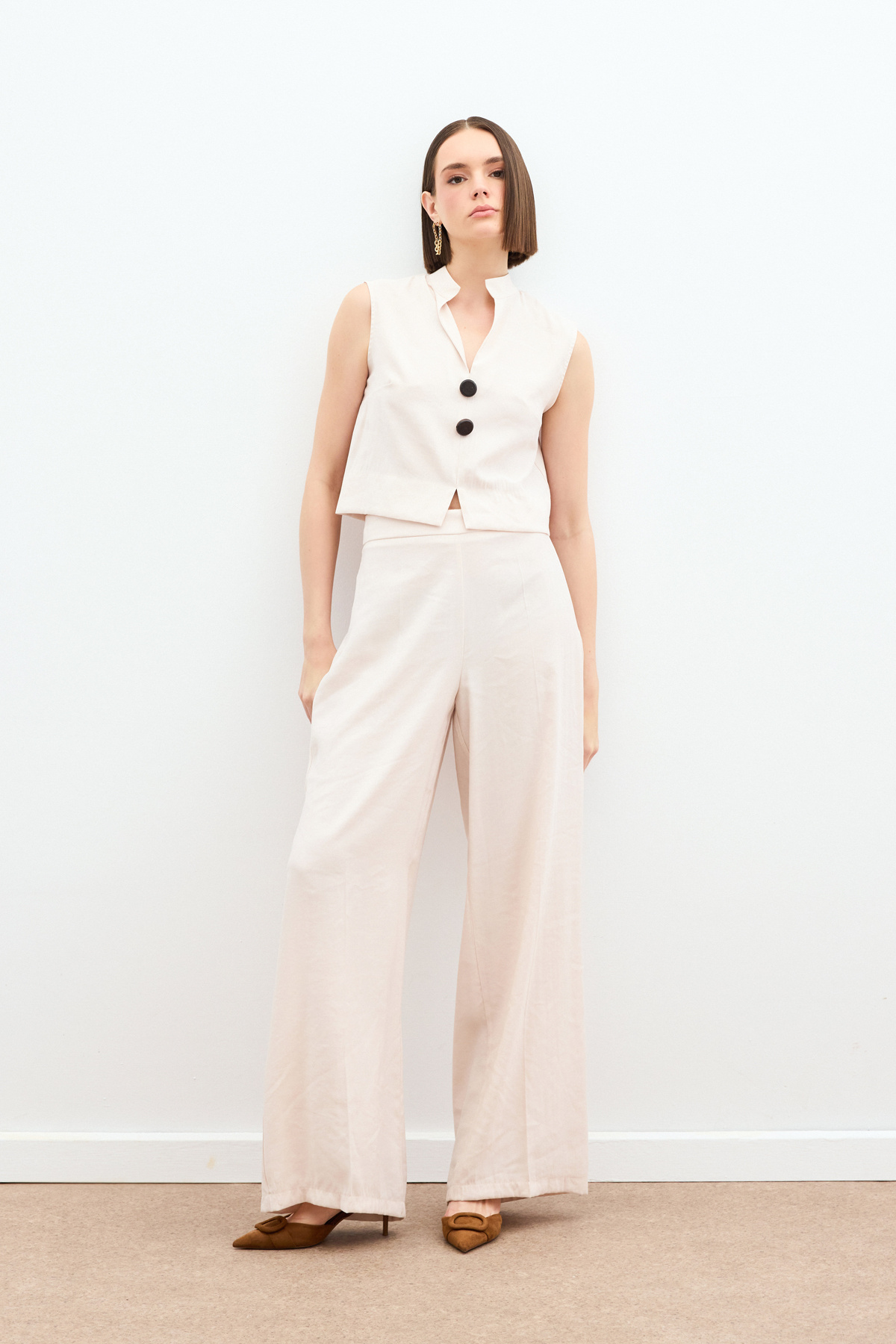 Yüksek Bel Keten Pantolon - Taş