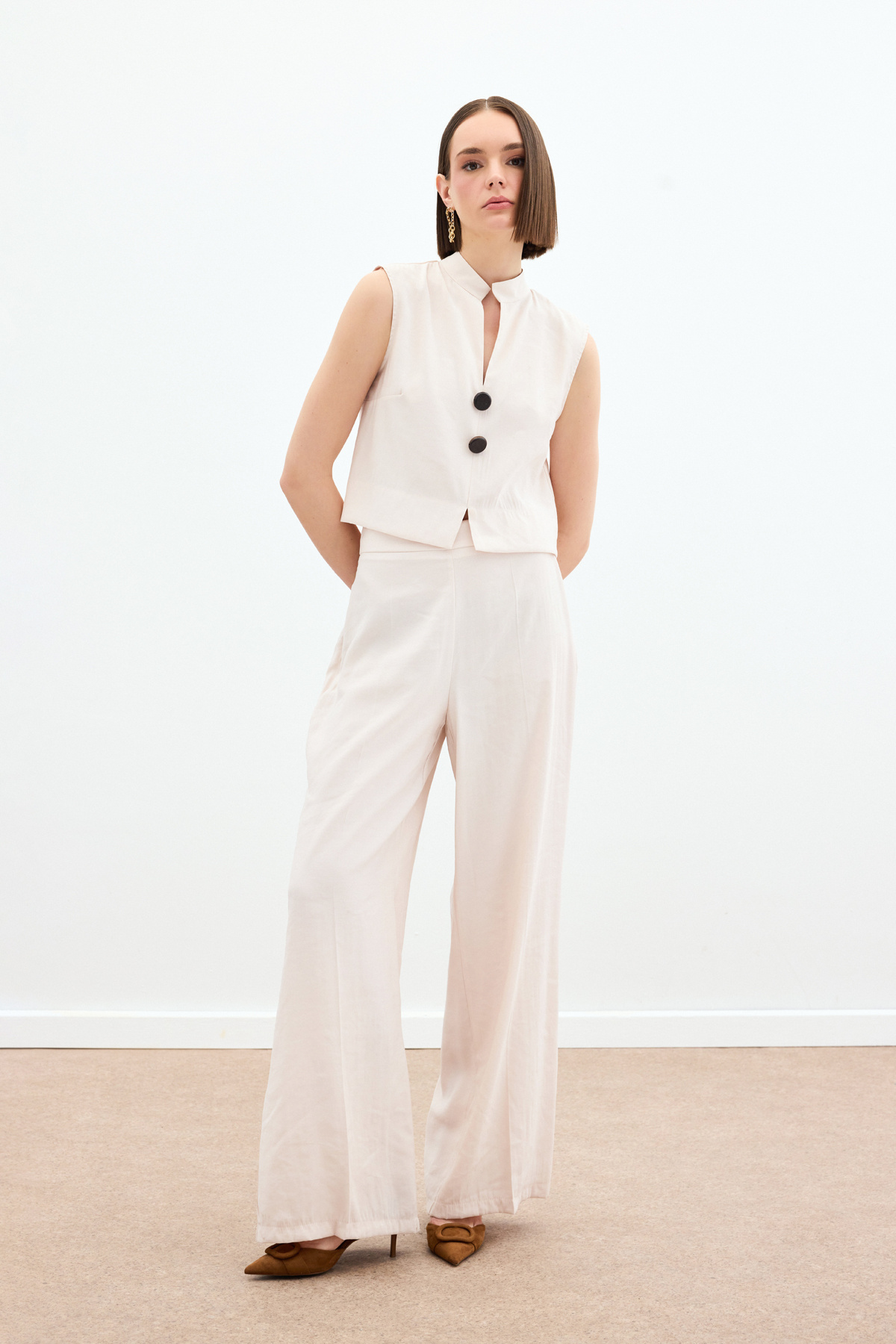 Yüksek Bel Keten Pantolon - Taş