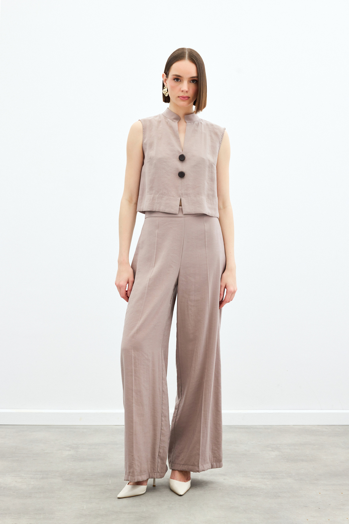 Yüksek Bel Keten Pantolon - Vizon