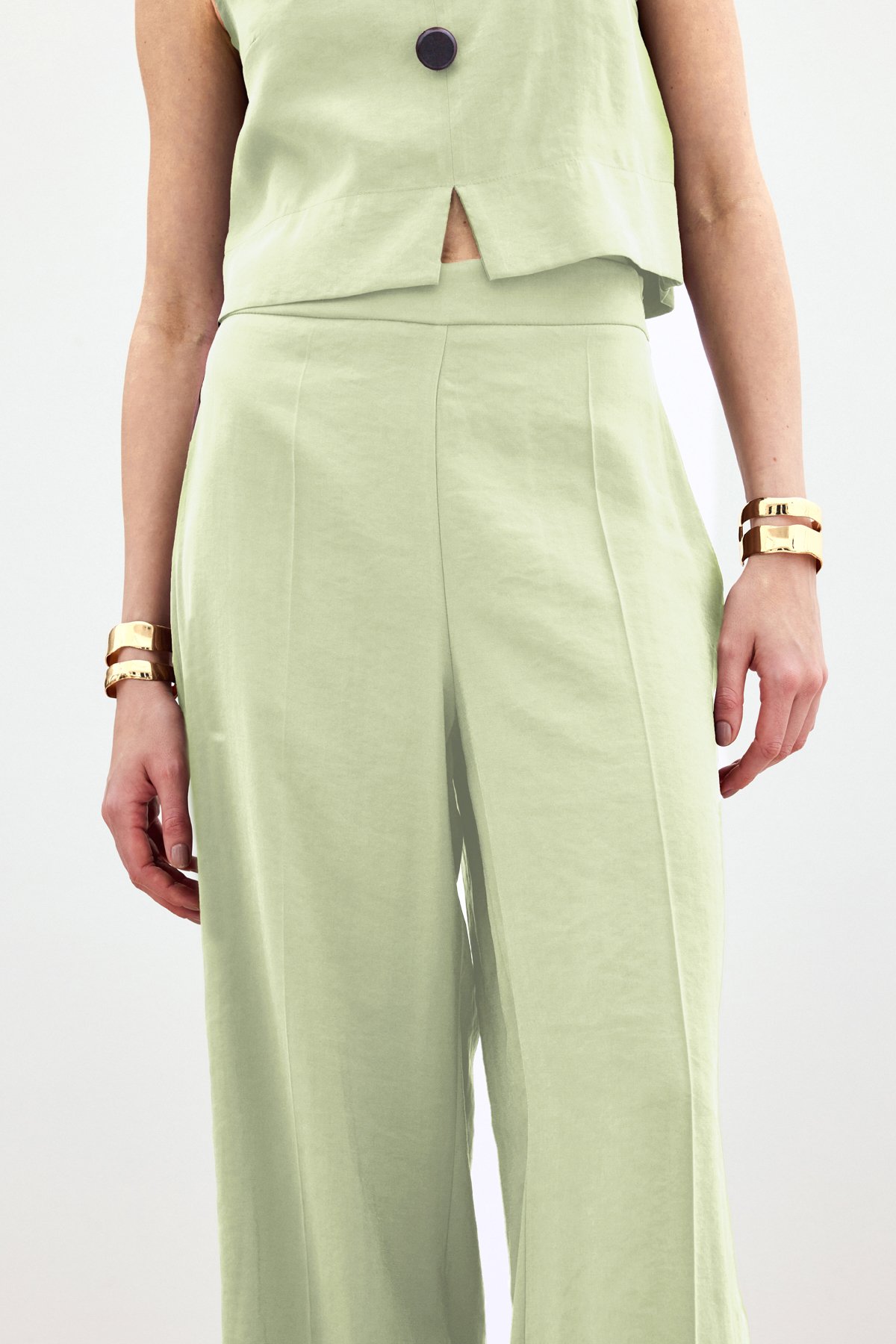 Yüksek Bel Keten Pantolon - Yağ Yeşili