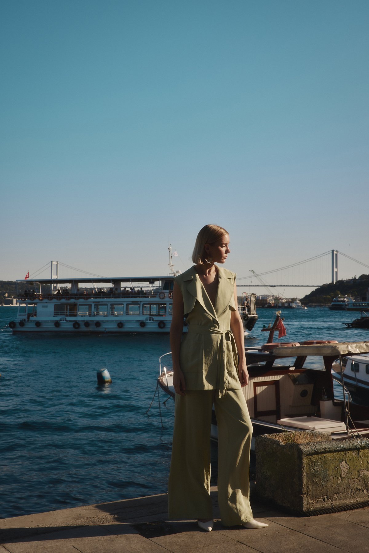 Yüksek Bel Keten Pantolon - Yağ Yeşili