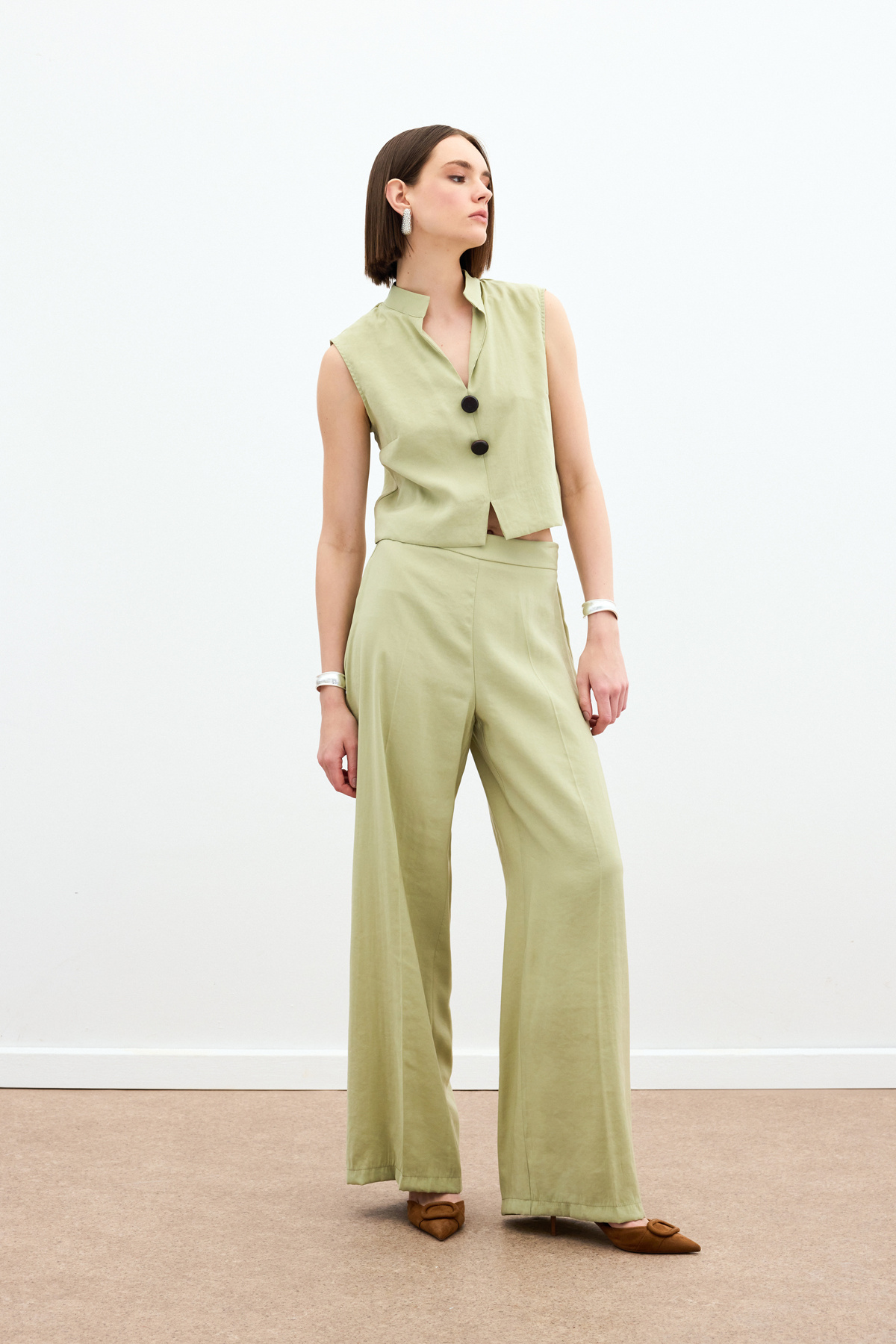 Yüksek Bel Keten Pantolon - Yağ Yeşili