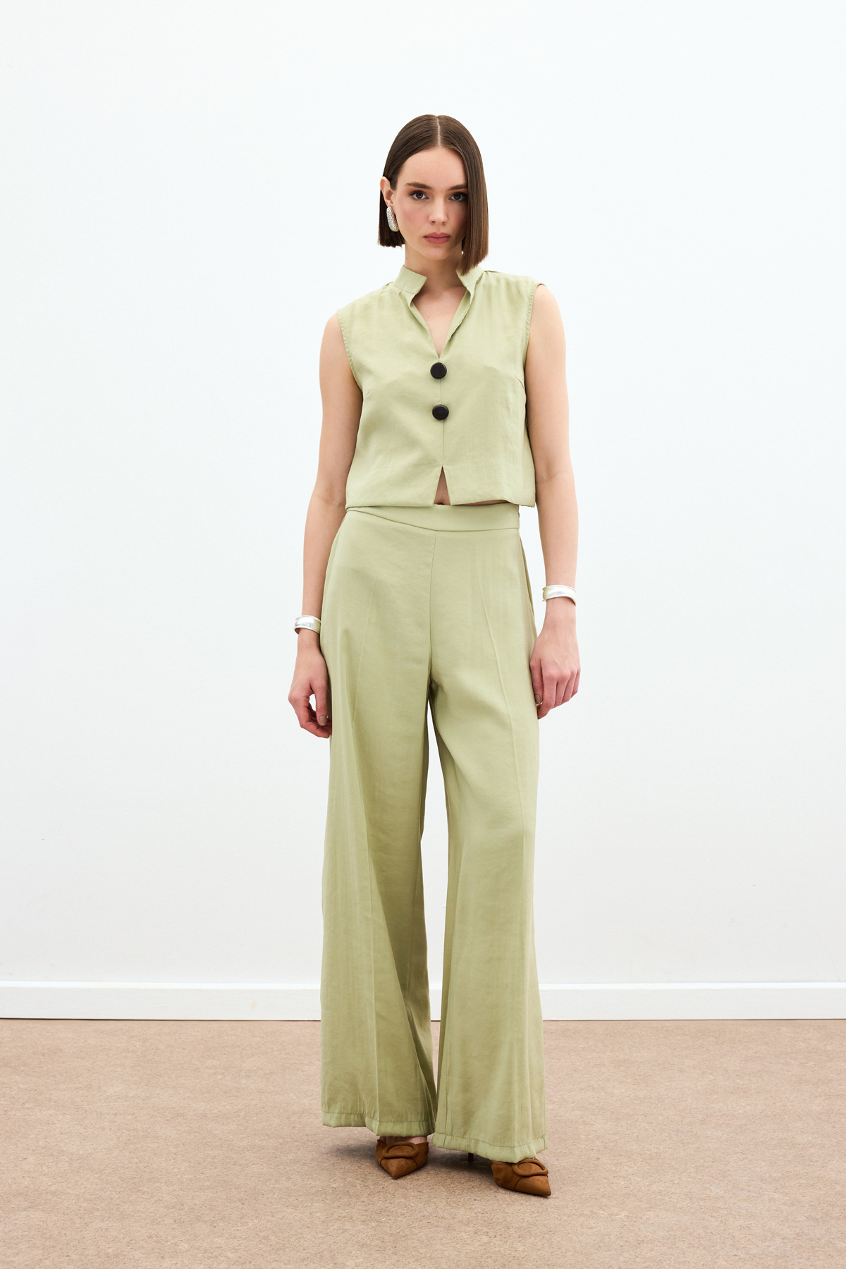 Yüksek Bel Keten Pantolon - Yağ Yeşili
