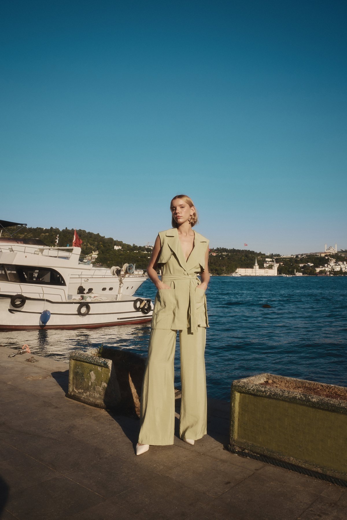 Yüksek Bel Keten Pantolon - Yağ Yeşili