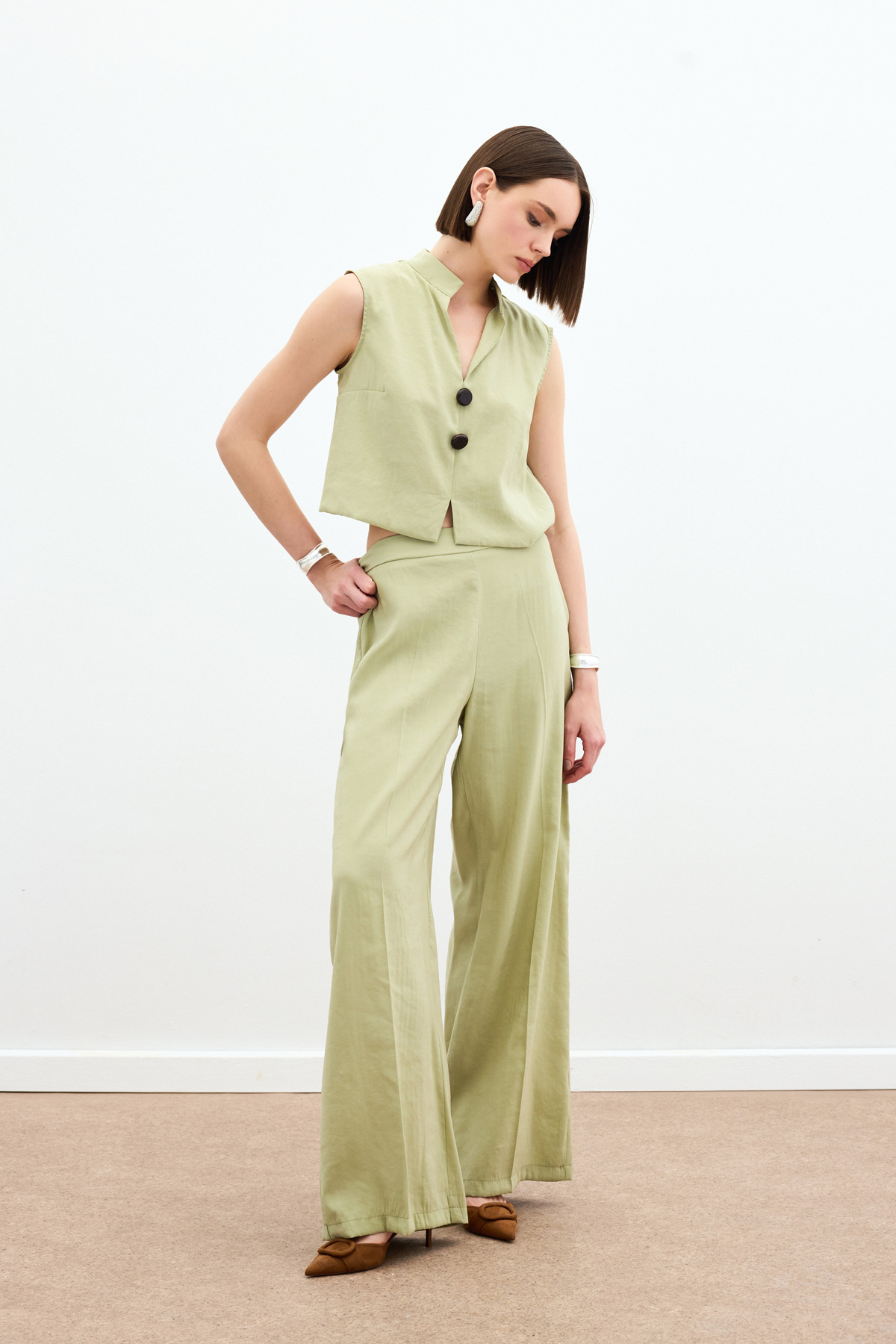 Yüksek Bel Keten Pantolon - Yağ Yeşili