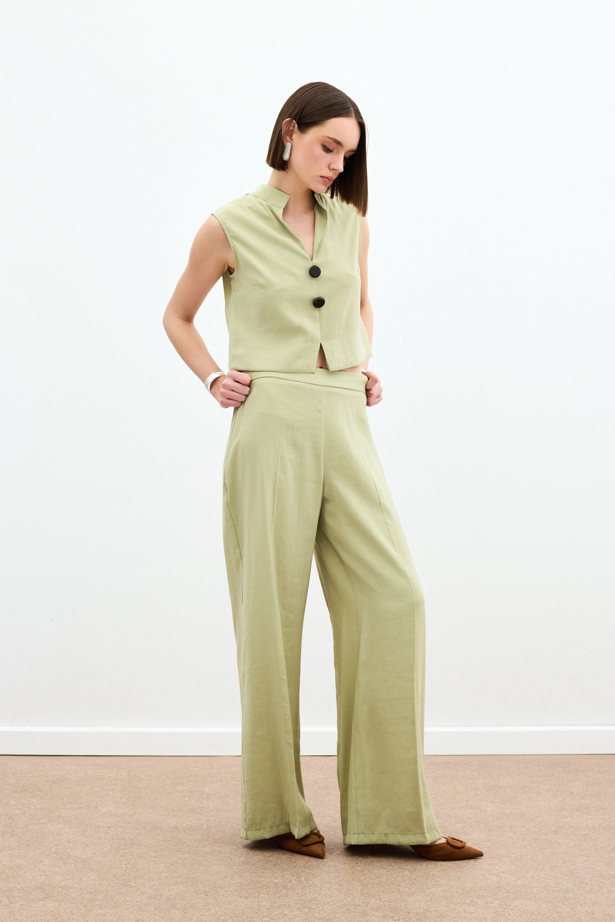 Yüksek Bel Keten Pantolon - Yağ Yeşili