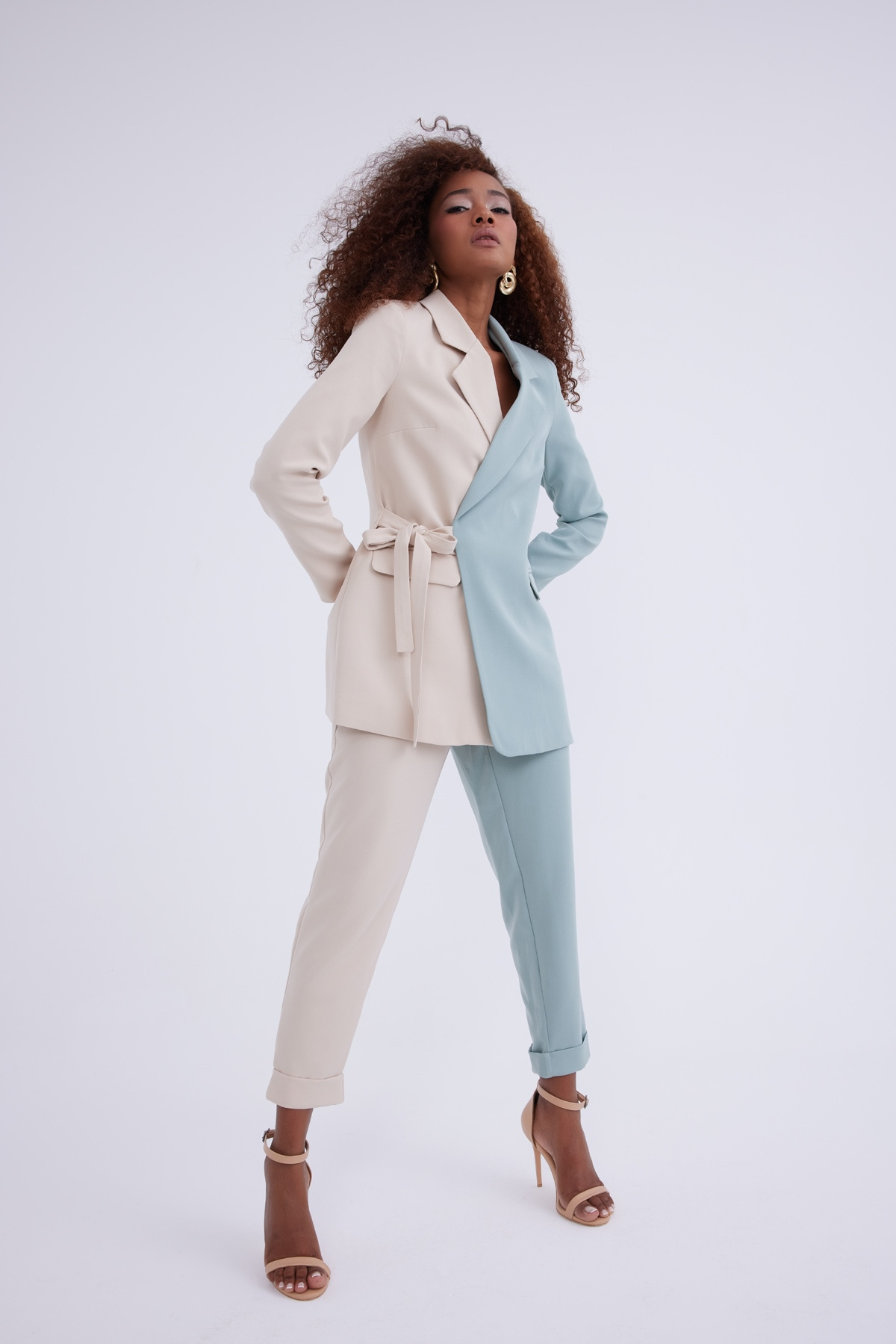 Yüksek bel kontrast pantolon - BEJ-ÇAĞLA YEŞİLİ