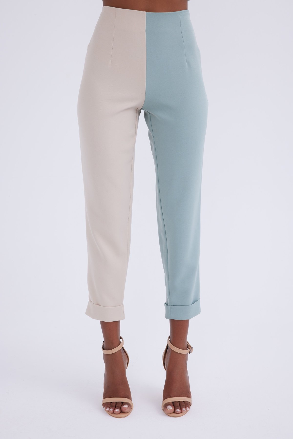 Yüksek bel kontrast pantolon - BEJ-ÇAĞLA YEŞİLİ
