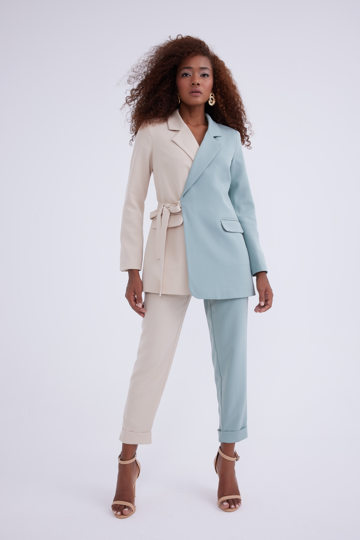 Yüksek bel kontrast pantolon - BEJ-ÇAĞLA YEŞİLİ