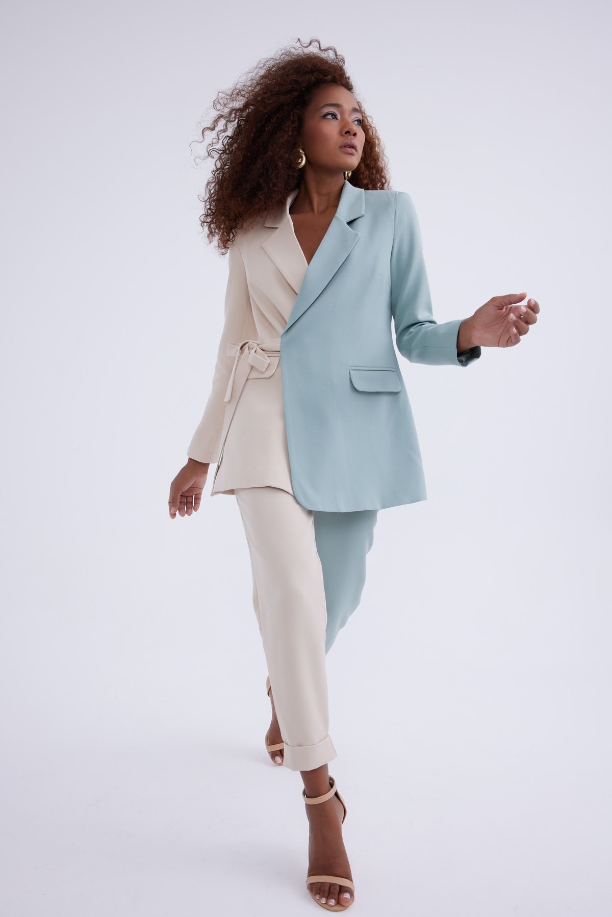 Yüksek bel kontrast pantolon - BEJ-ÇAĞLA YEŞİLİ