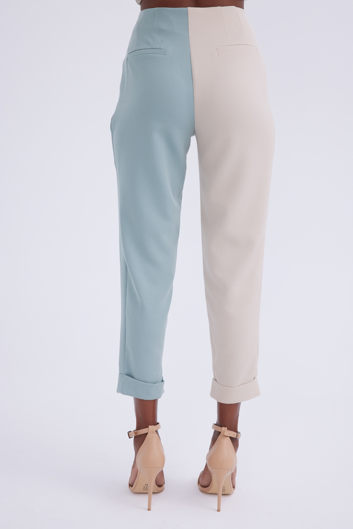 Yüksek bel kontrast pantolon - BEJ-ÇAĞLA YEŞİLİ