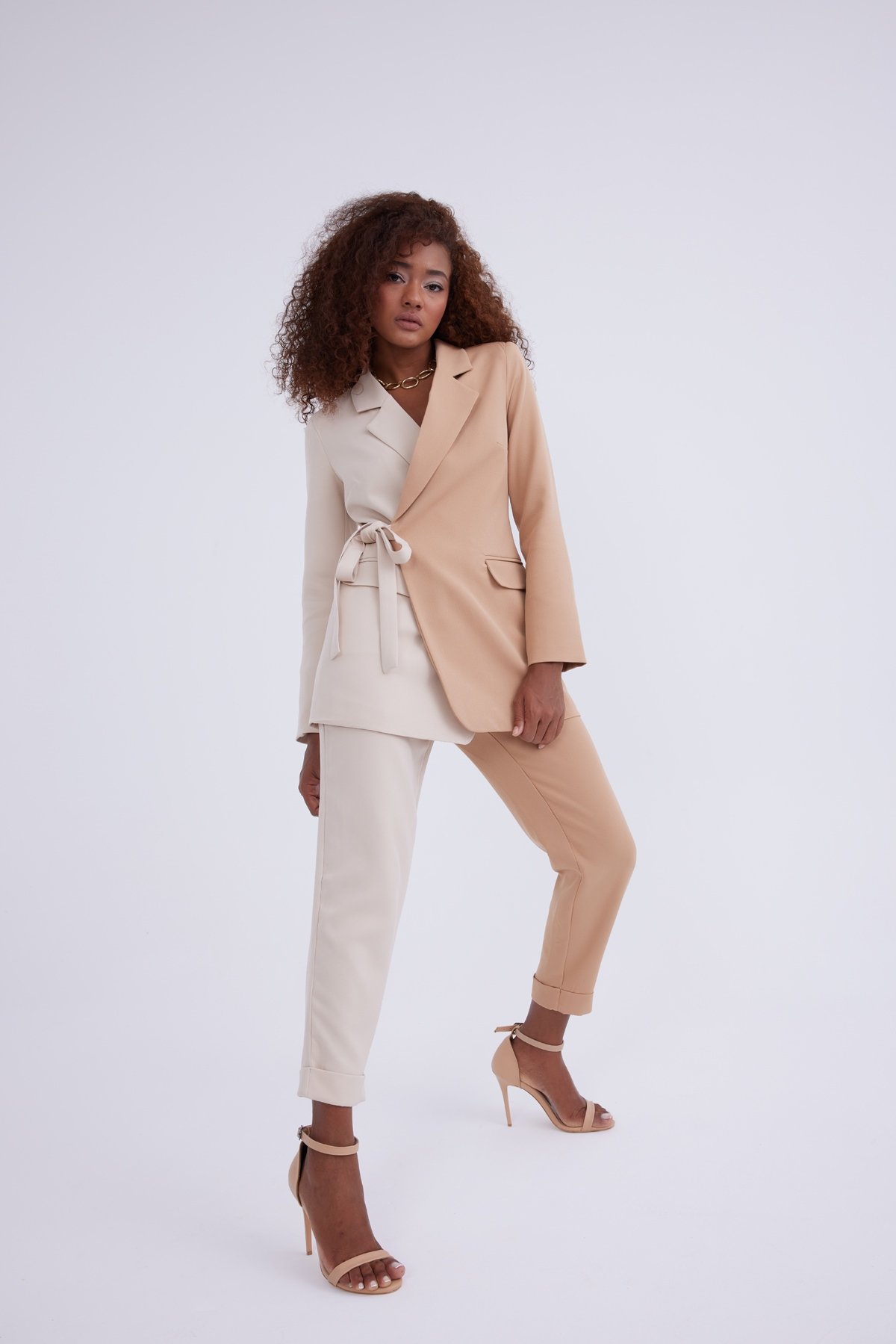 Yüksek bel kontrast pantolon - BEJ-CAMEL