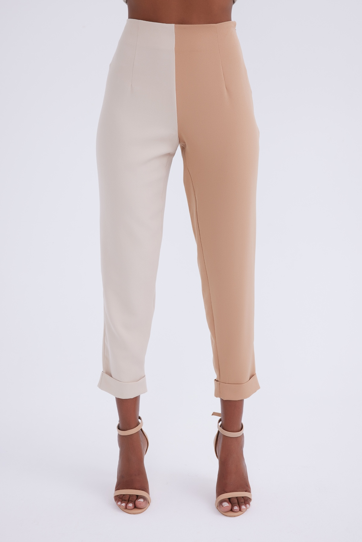 Yüksek bel kontrast pantolon - BEJ-CAMEL