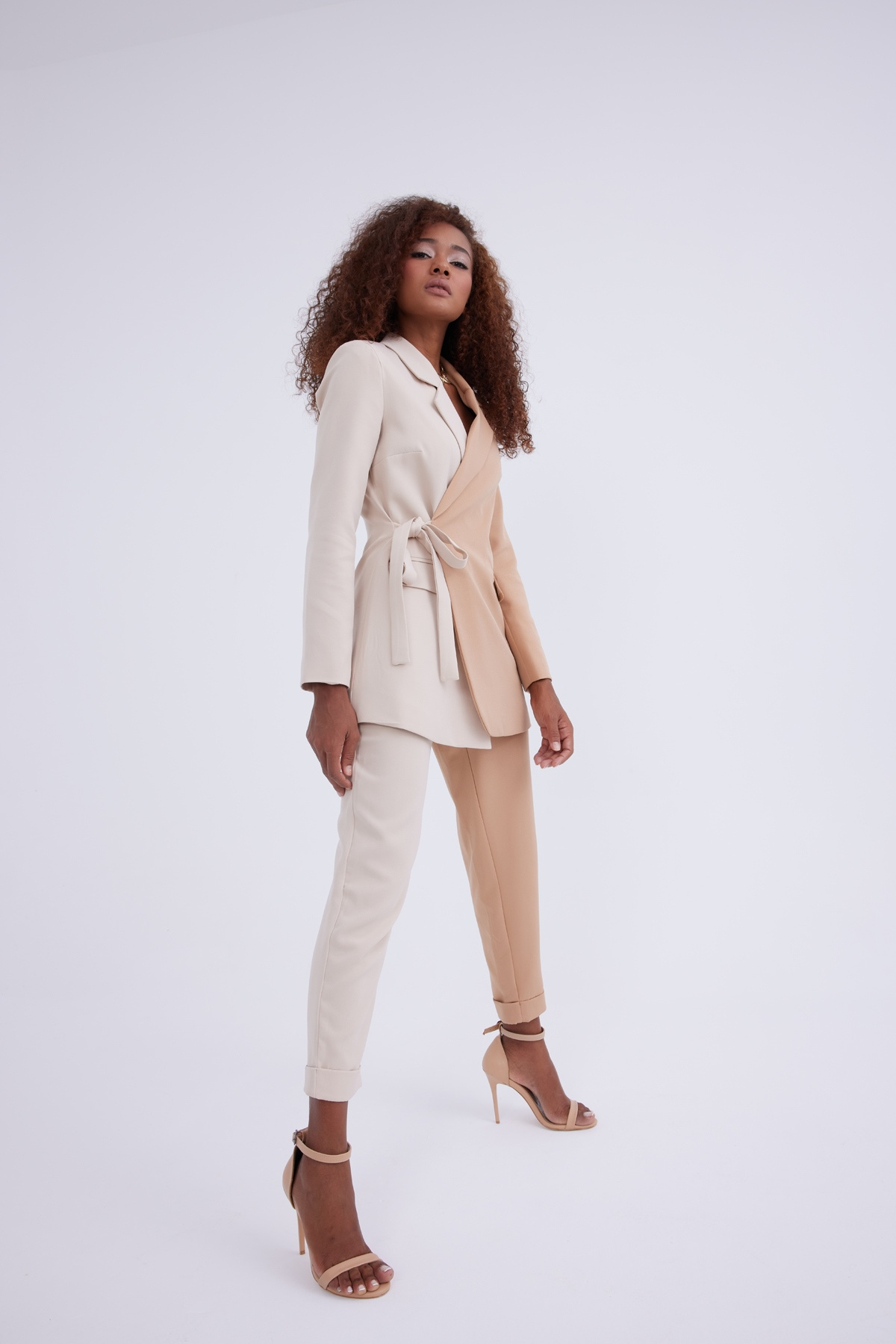 Yüksek bel kontrast pantolon - BEJ-CAMEL