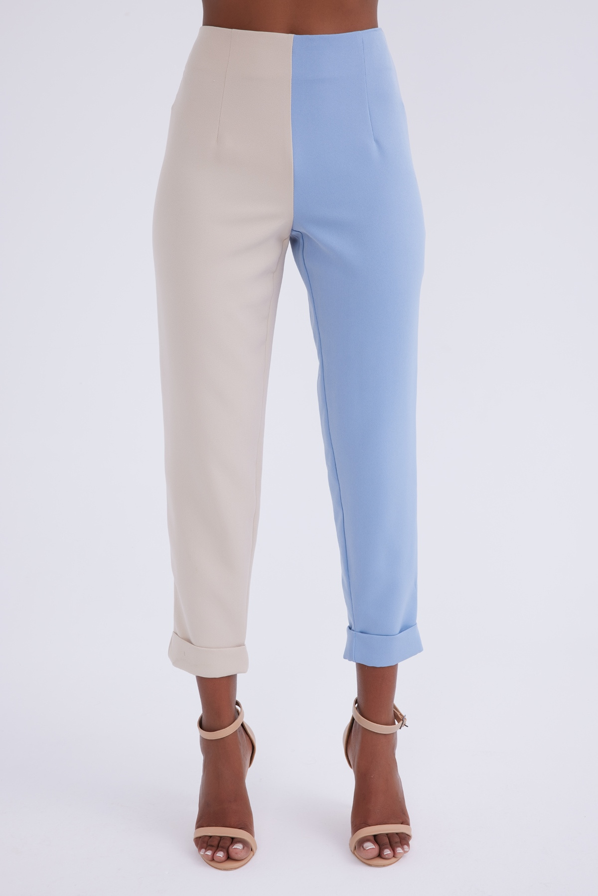 Yüksek bel kontrast pantolon - BEJ-MAVI