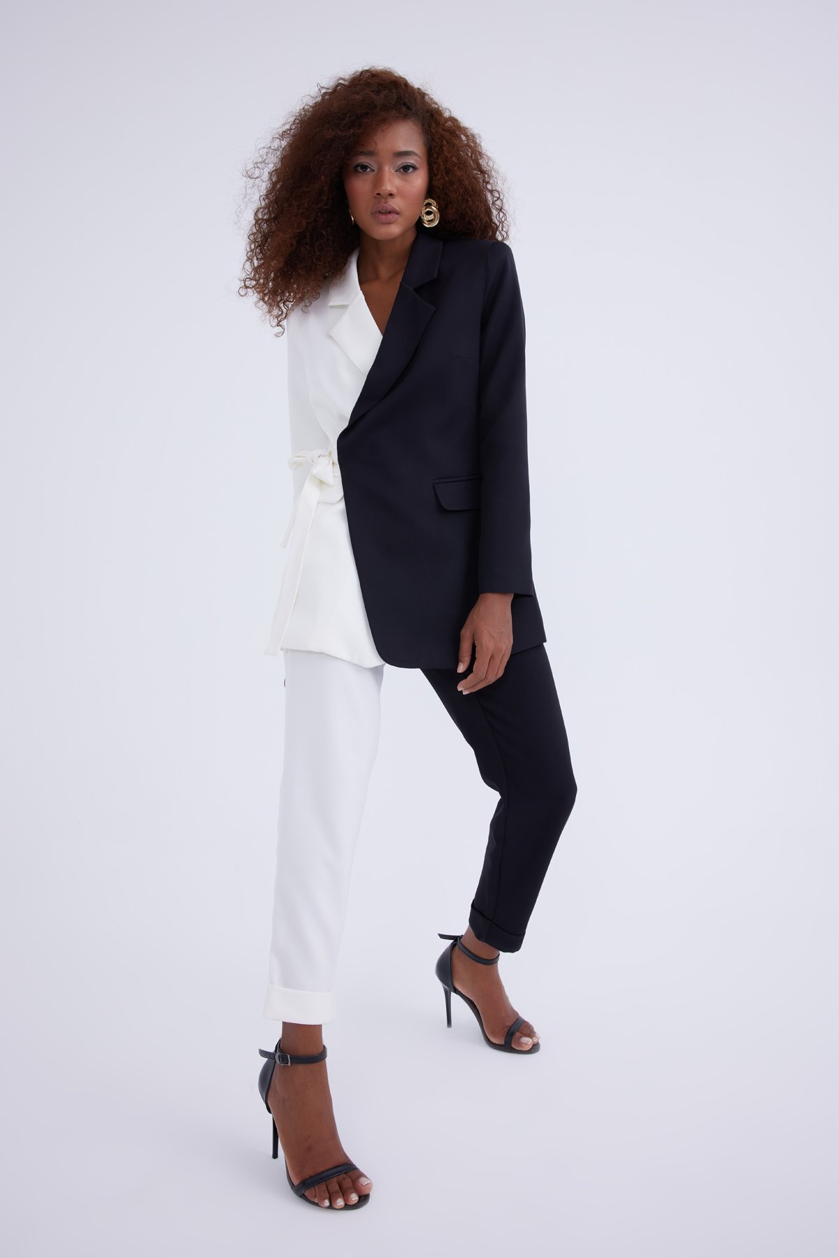 Yüksek bel kontrast pantolon - EKRU-SİYAH