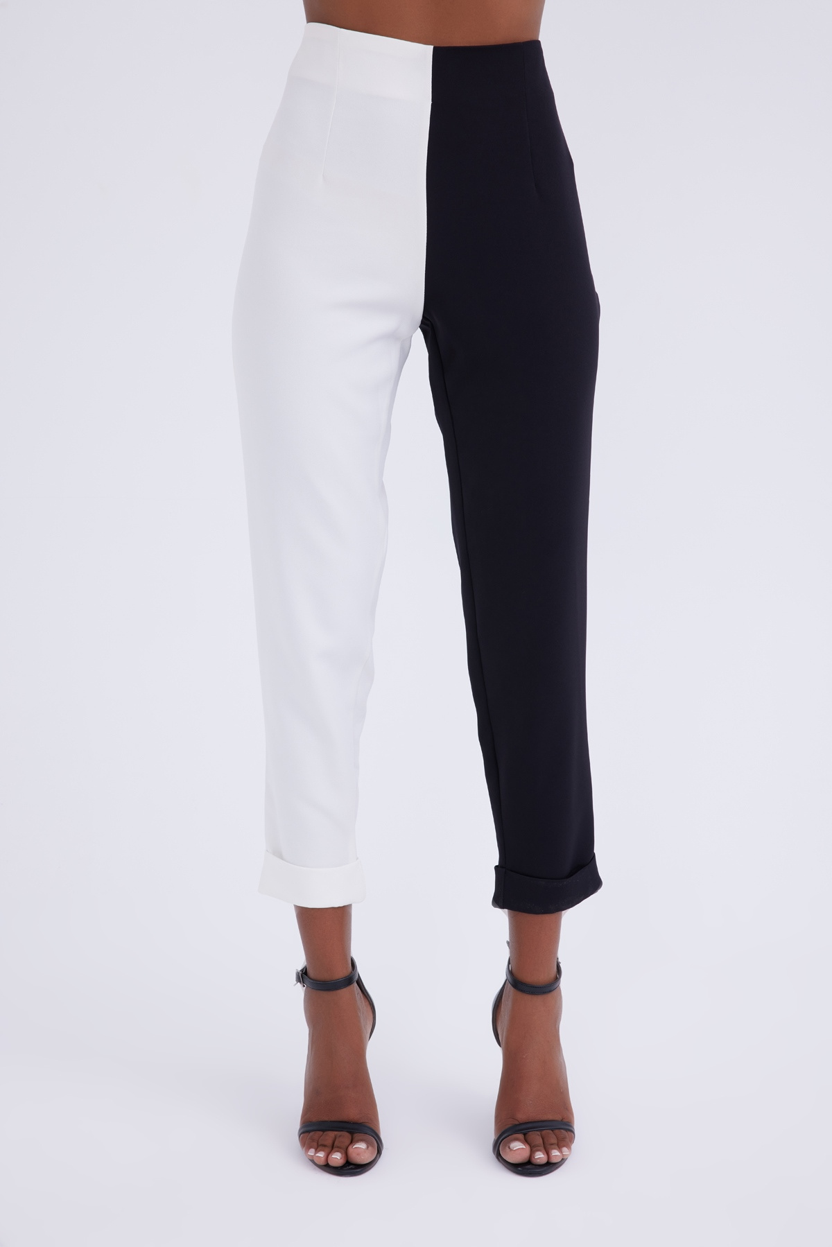 Yüksek bel kontrast pantolon - EKRU-SİYAH