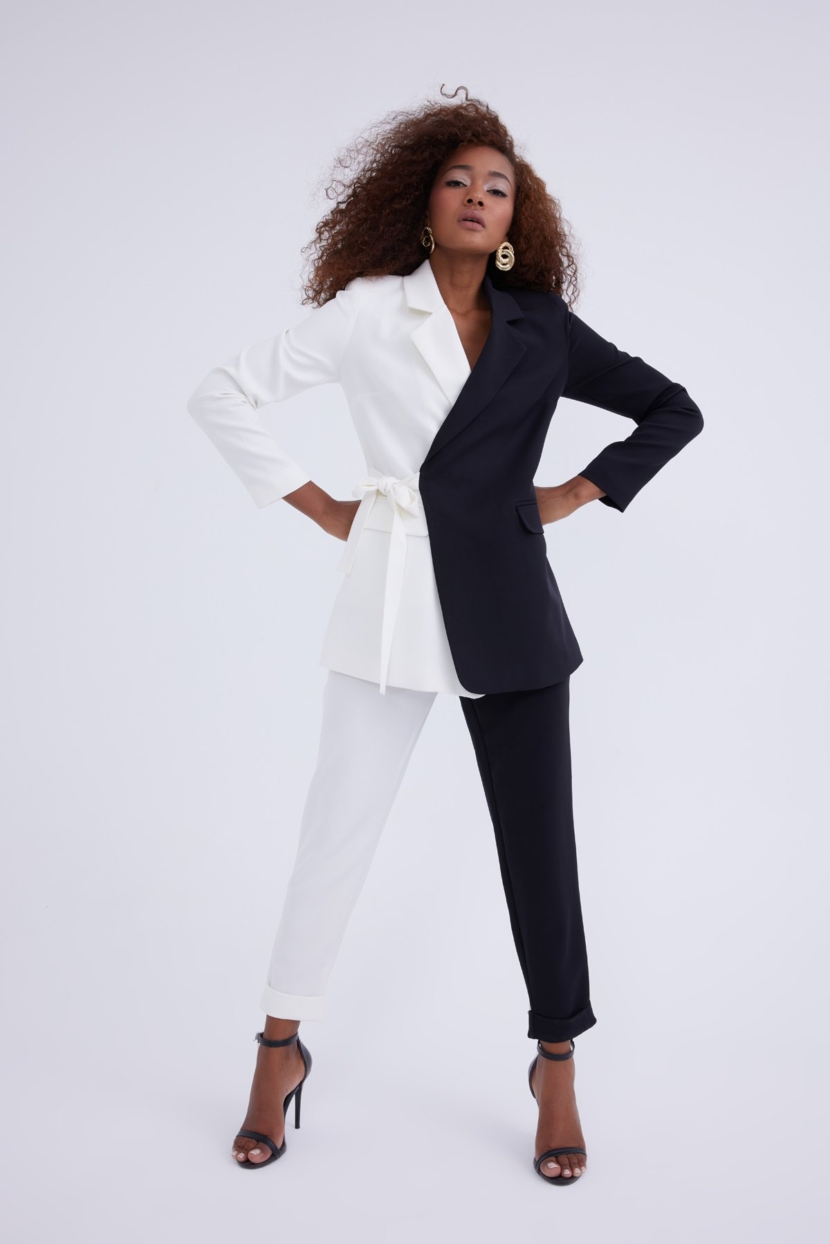 Yüksek bel kontrast pantolon - EKRU-SİYAH