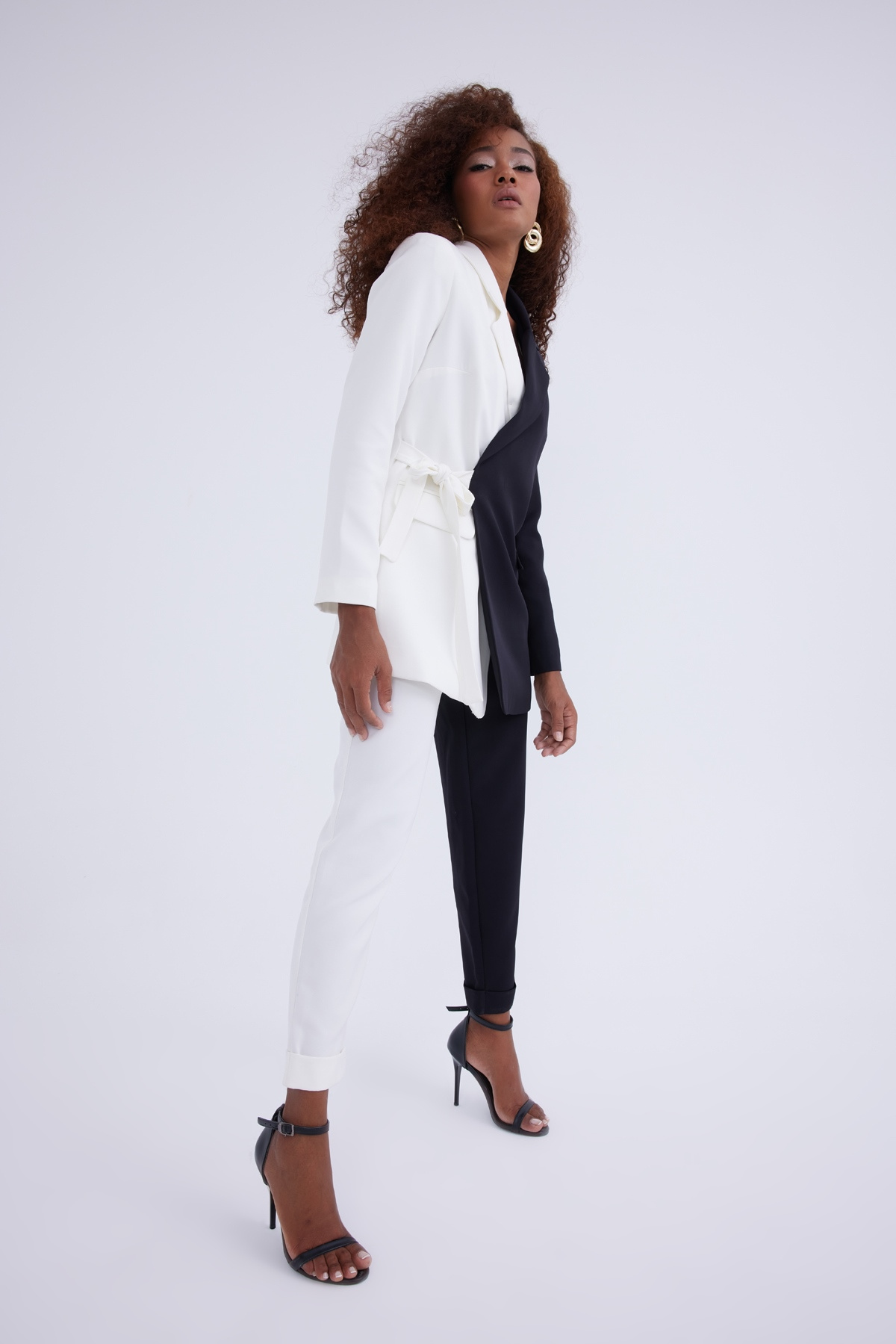 Yüksek bel kontrast pantolon - EKRU-SİYAH