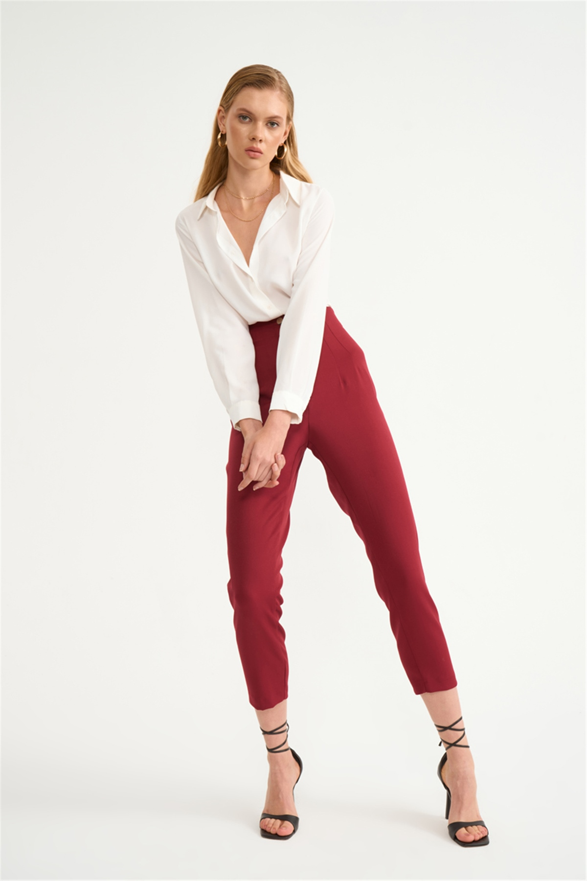 Yüksek bel krep pantolon - BORDO