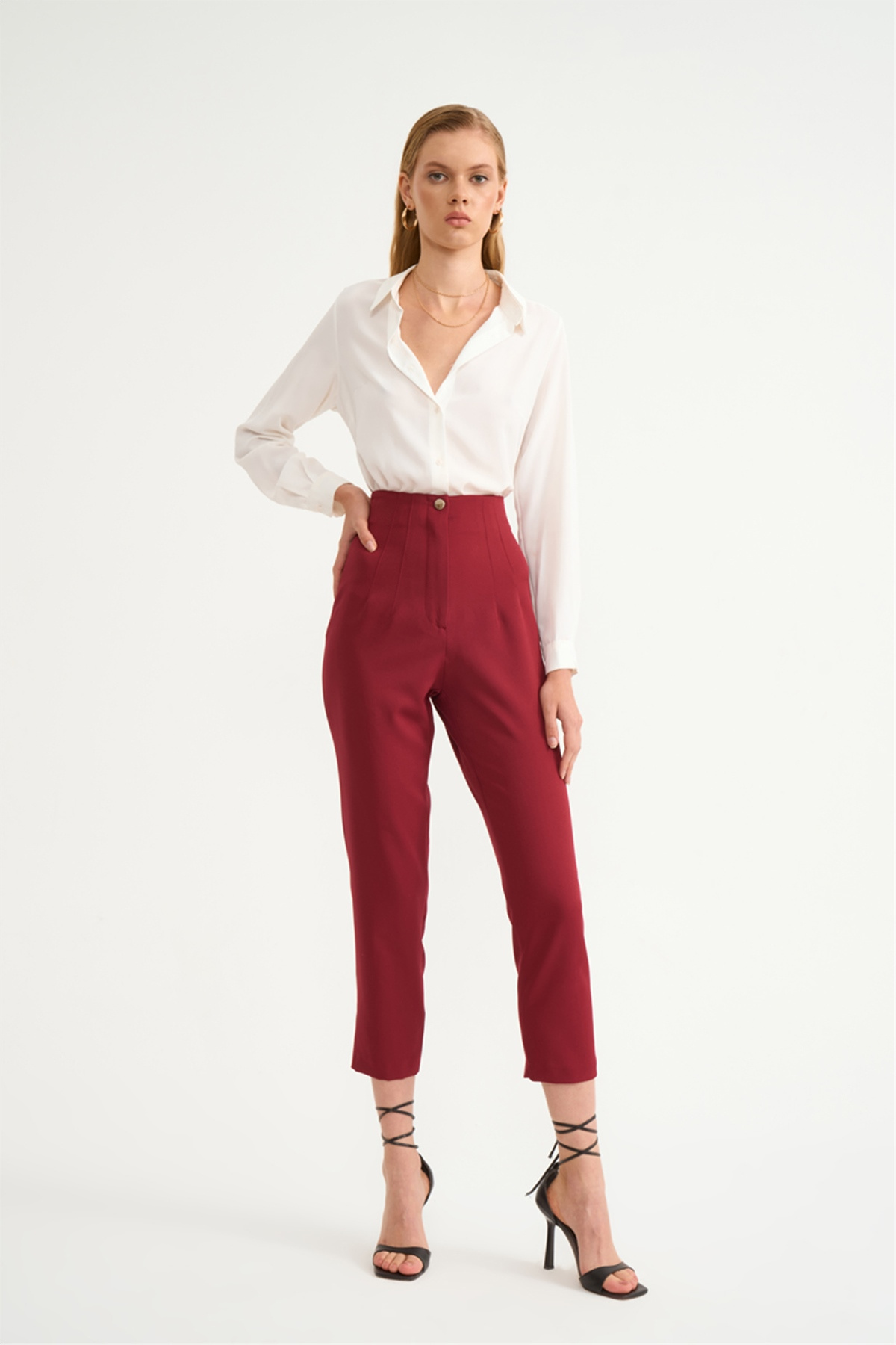 Yüksek bel krep pantolon - BORDO