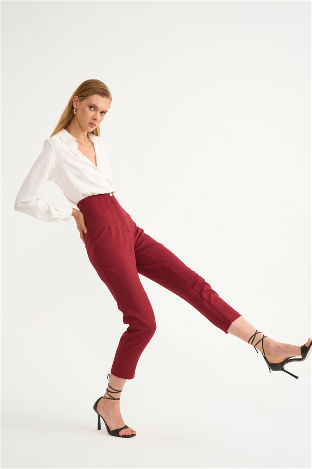 Yüksek bel krep pantolon - BORDO