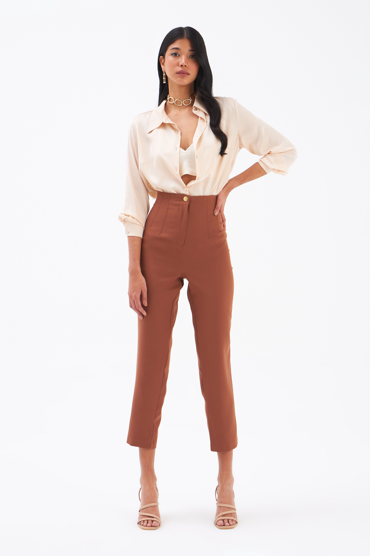 High waist crepe pants - BROWN