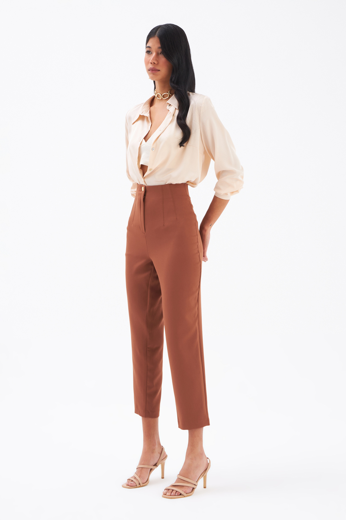 High waist crepe pants - BROWN