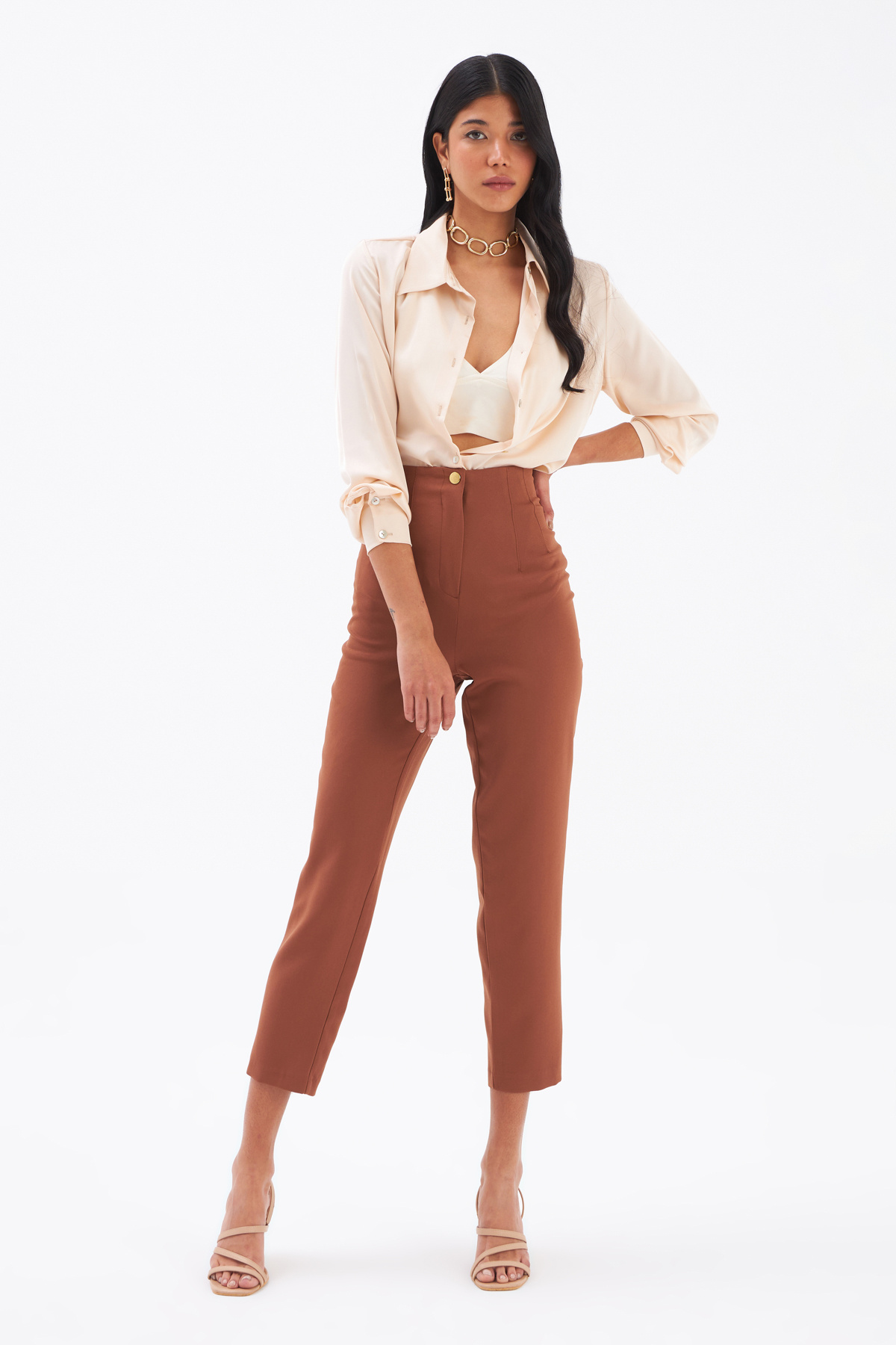High waist crepe pants - BROWN