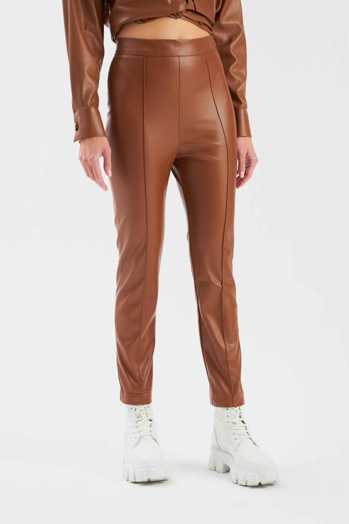 Yüksek bel nervür deri  pantolon - KAHVE